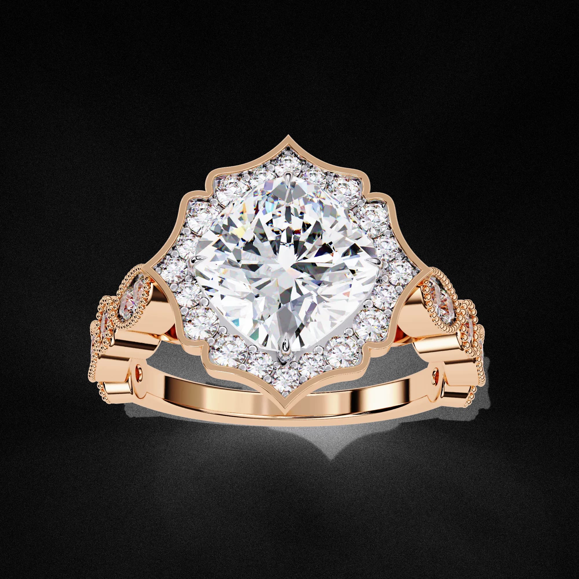 Cushion cut lab grown diamond vintage floral halo engagement ring in rose gold, angled view