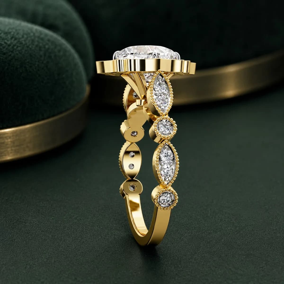 Cushion cut lab grown diamond vintage floral halo engagement ring in yellow gold standing upright on green velvet, side view