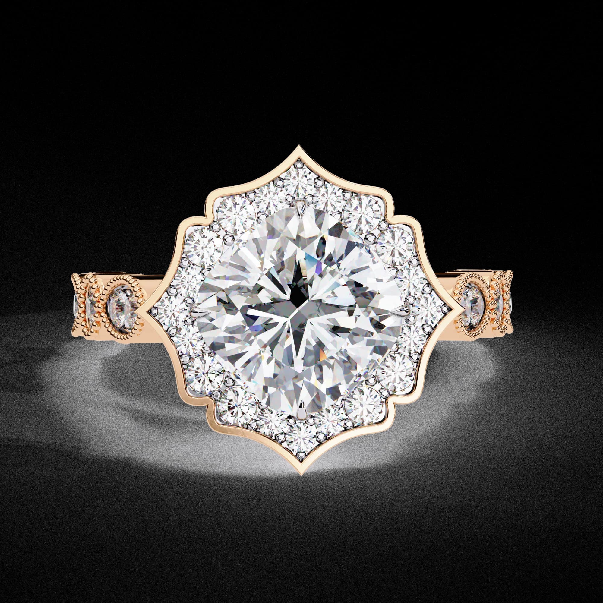 Cushion cut lab grown diamond vintage floral halo engagement ring in rose gold, front view