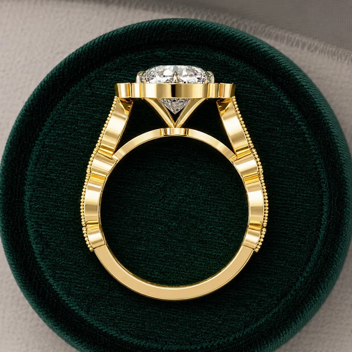 Cushion cut lab grown diamond vintage floral halo engagement ring in yellow gold standing in a green velvet ring box