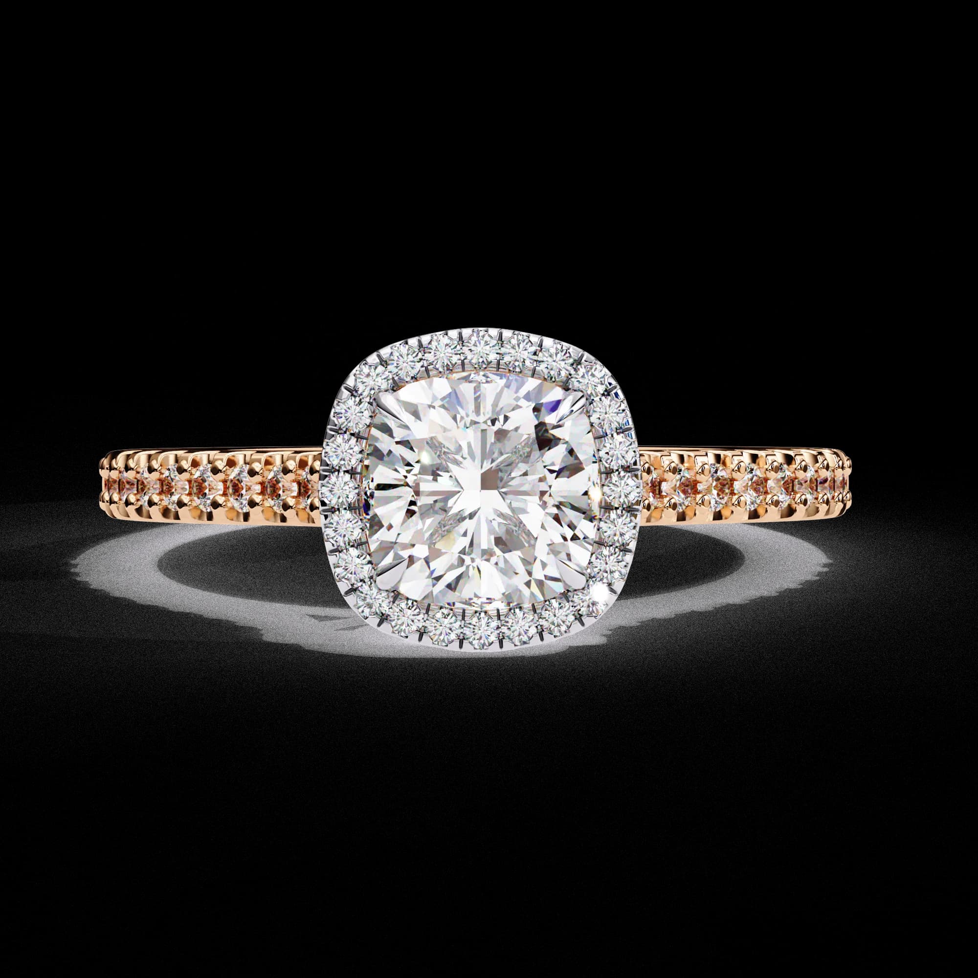 Cushion cut lab grown diamond halo pavé engagement ring in rose gold, front view