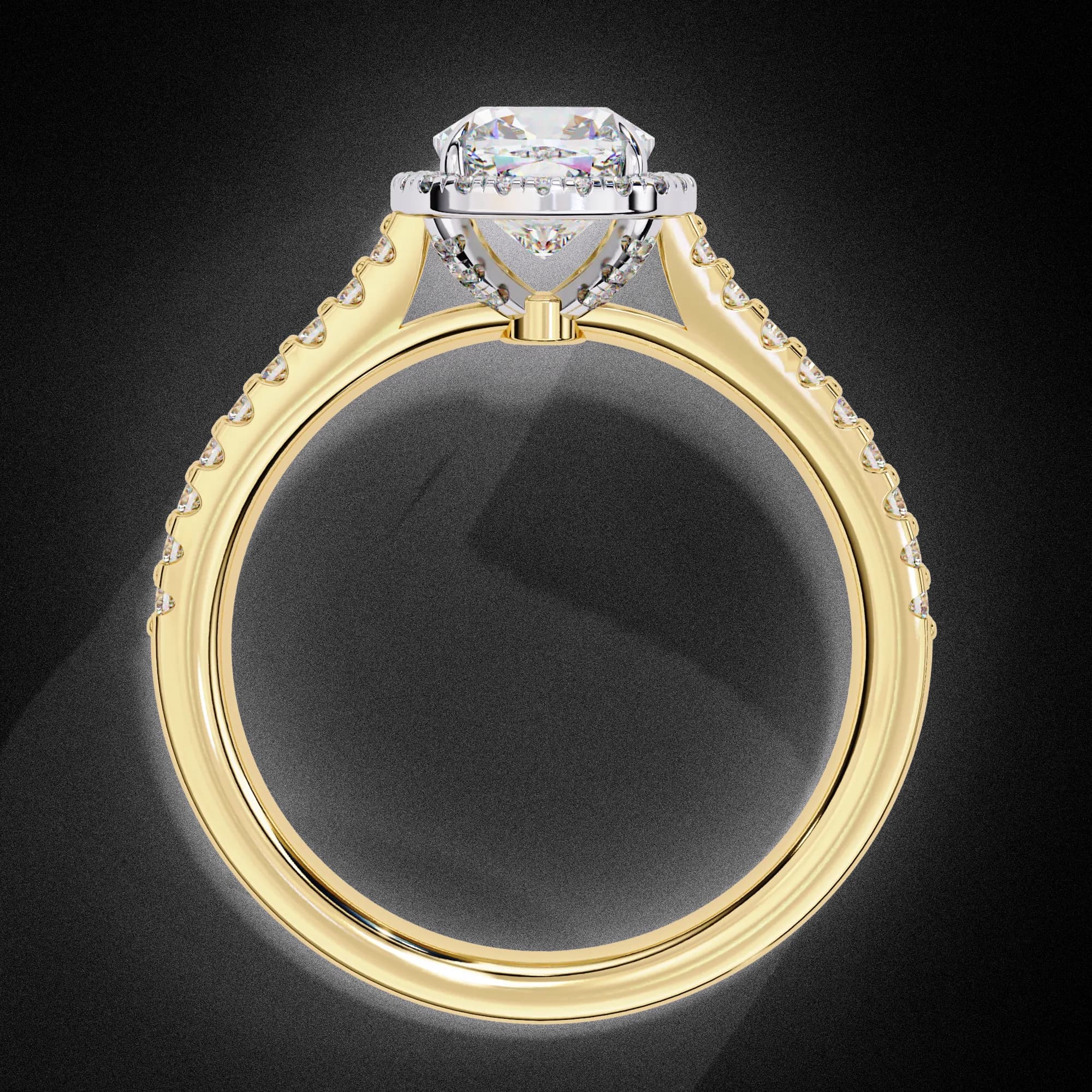 Cushion cut lab grown diamond halo pavé engagement ring in yellow gold, through-finger view