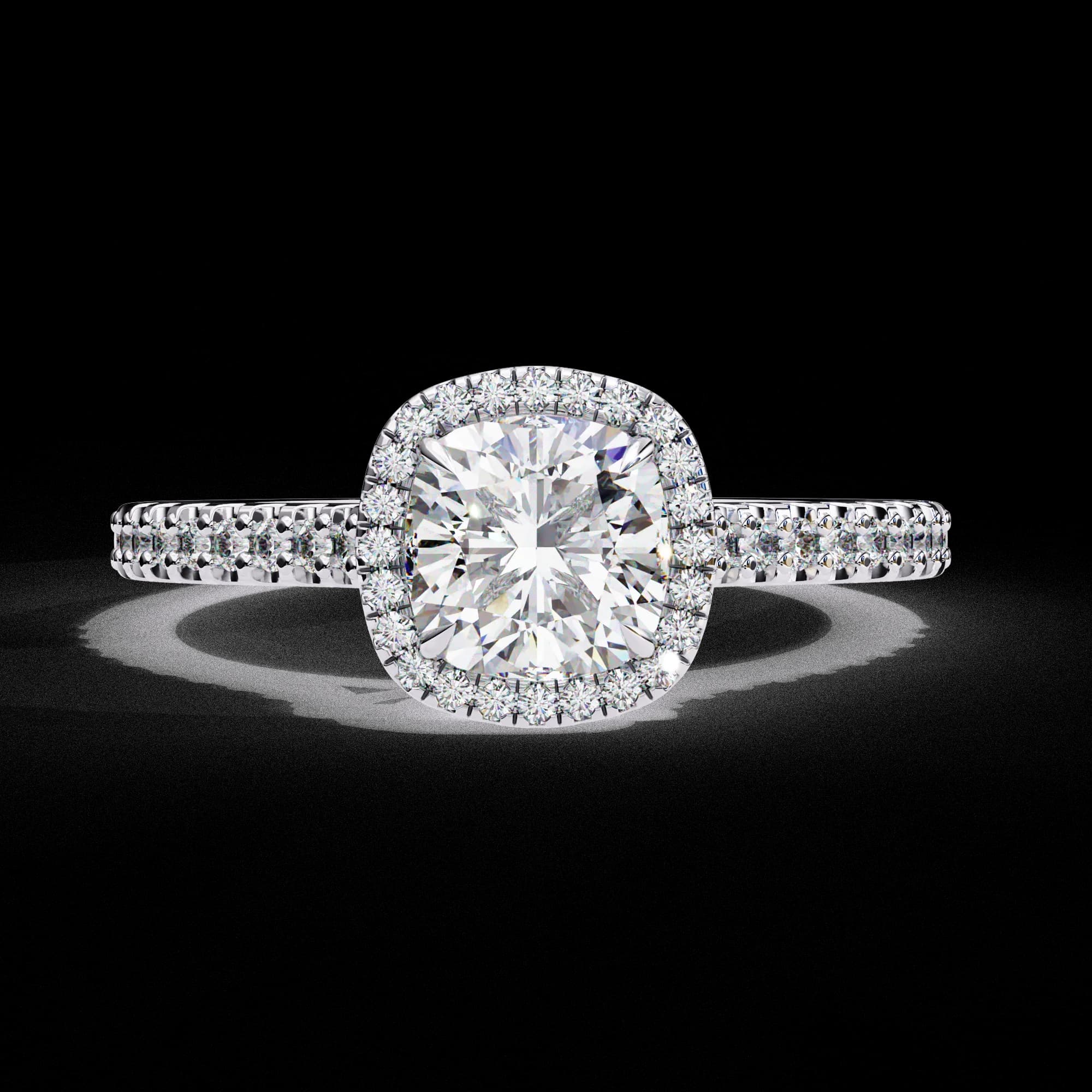 Cushion cut lab grown diamond halo pavé engagement ring in white gold, front view