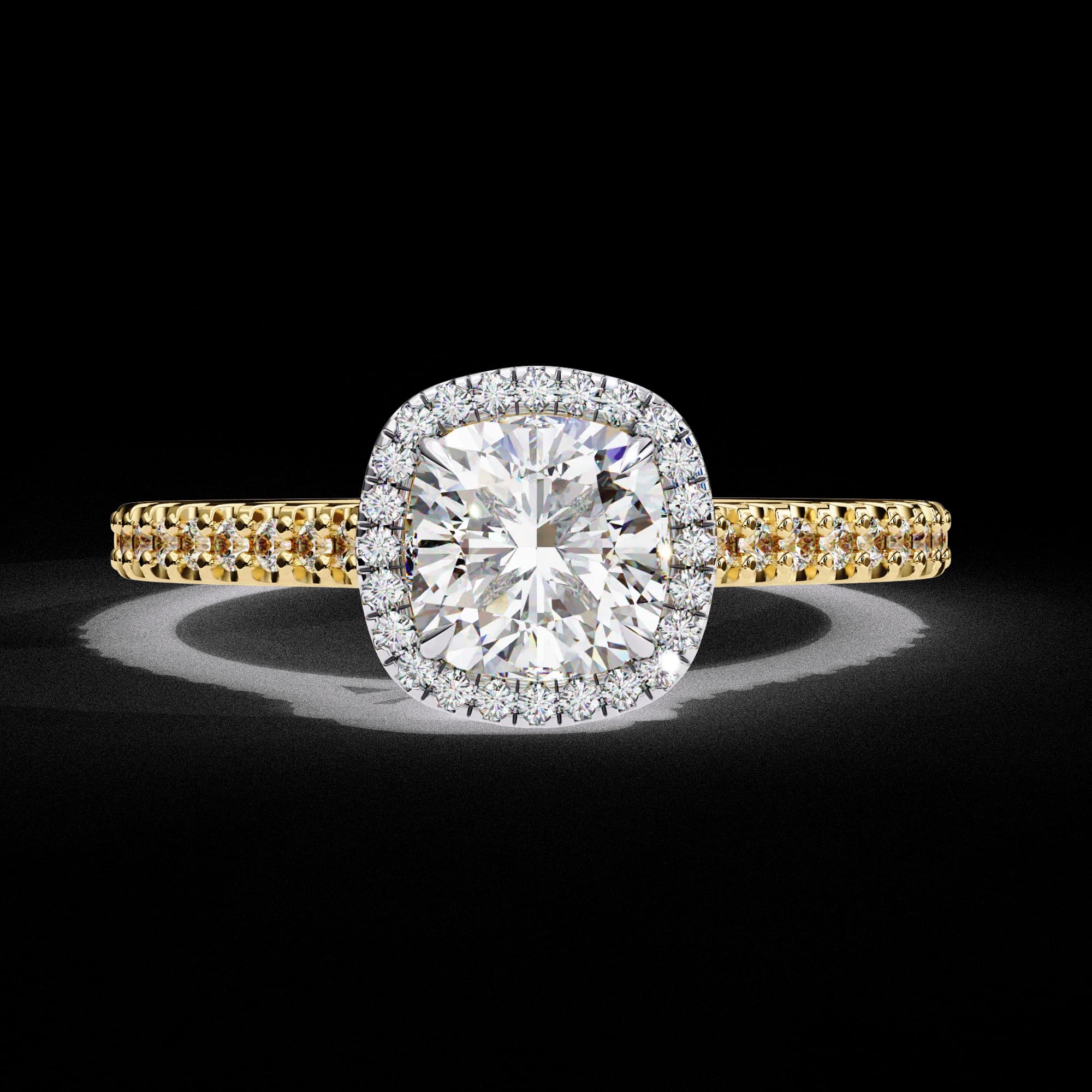 Cushion cut lab grown diamond halo pavé engagement ring in yellow gold, front view