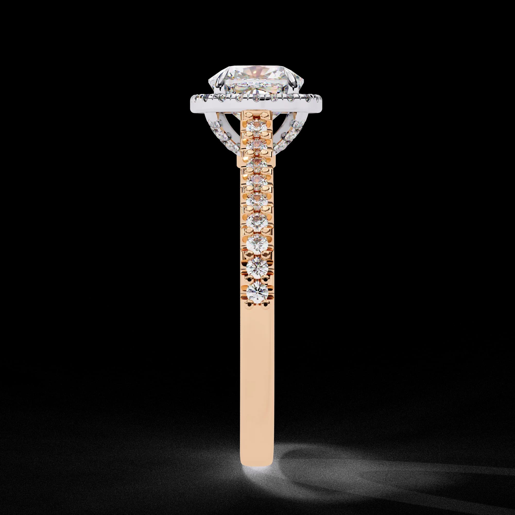 Cushion cut lab grown diamond halo pavé engagement ring in rose gold, side profile view