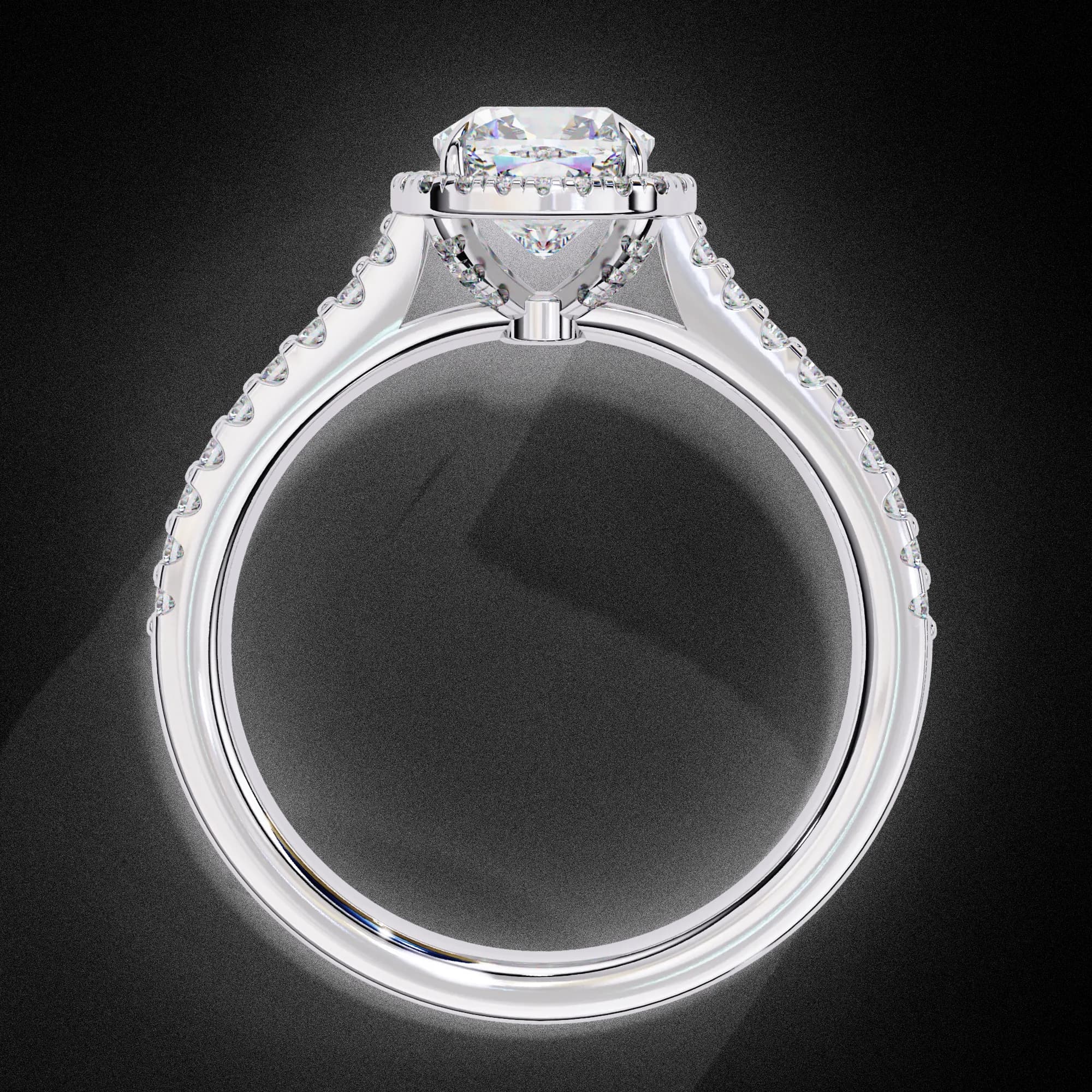 Cushion cut lab grown diamond halo pavé engagement ring in white gold, through-finger view