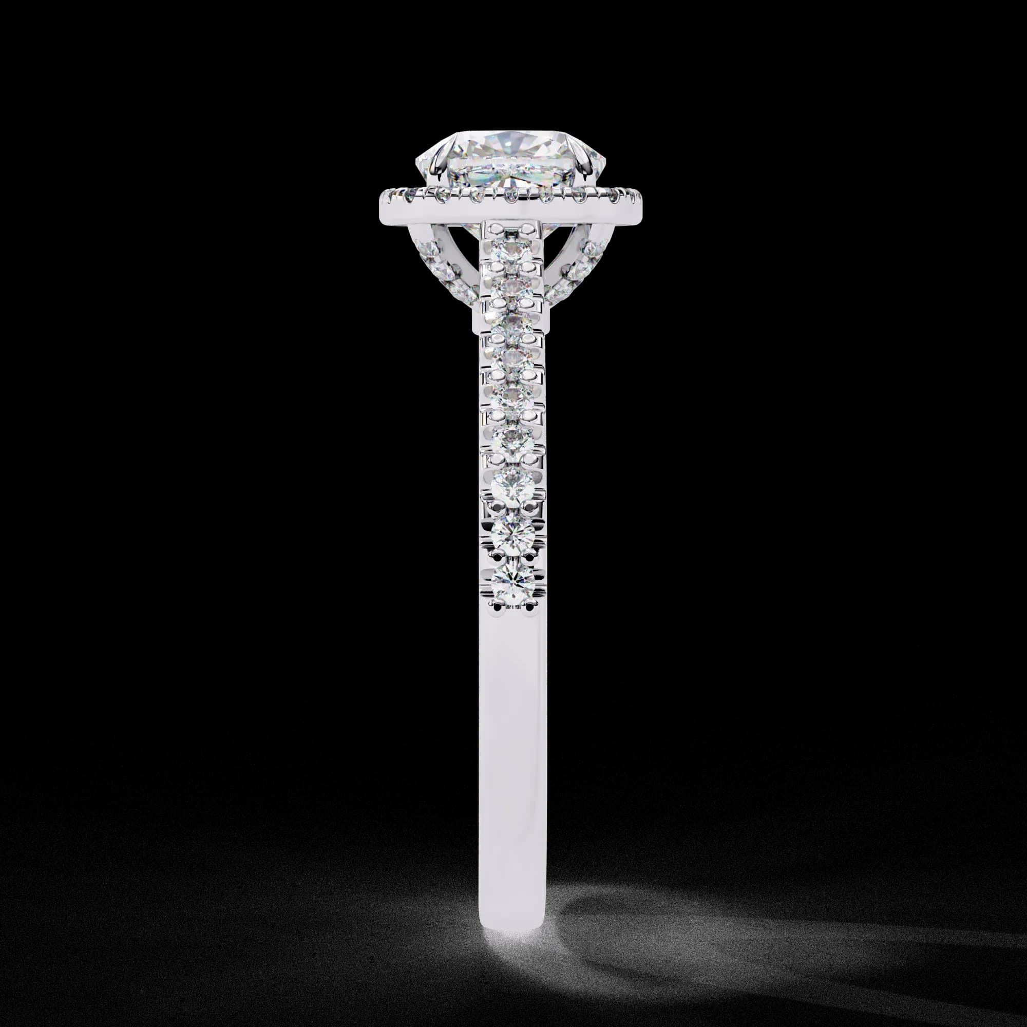 Cushion cut lab grown diamond halo pavé engagement ring in white gold, side profile view