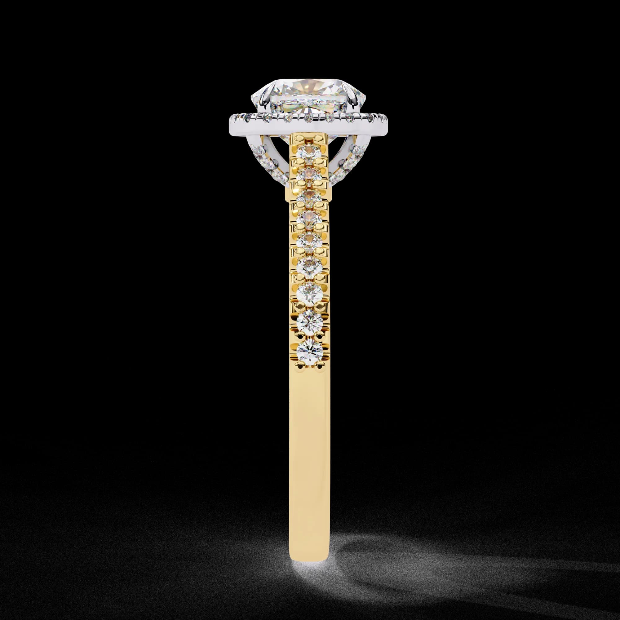Cushion cut lab grown diamond halo pavé engagement ring in yellow gold, side profile view
