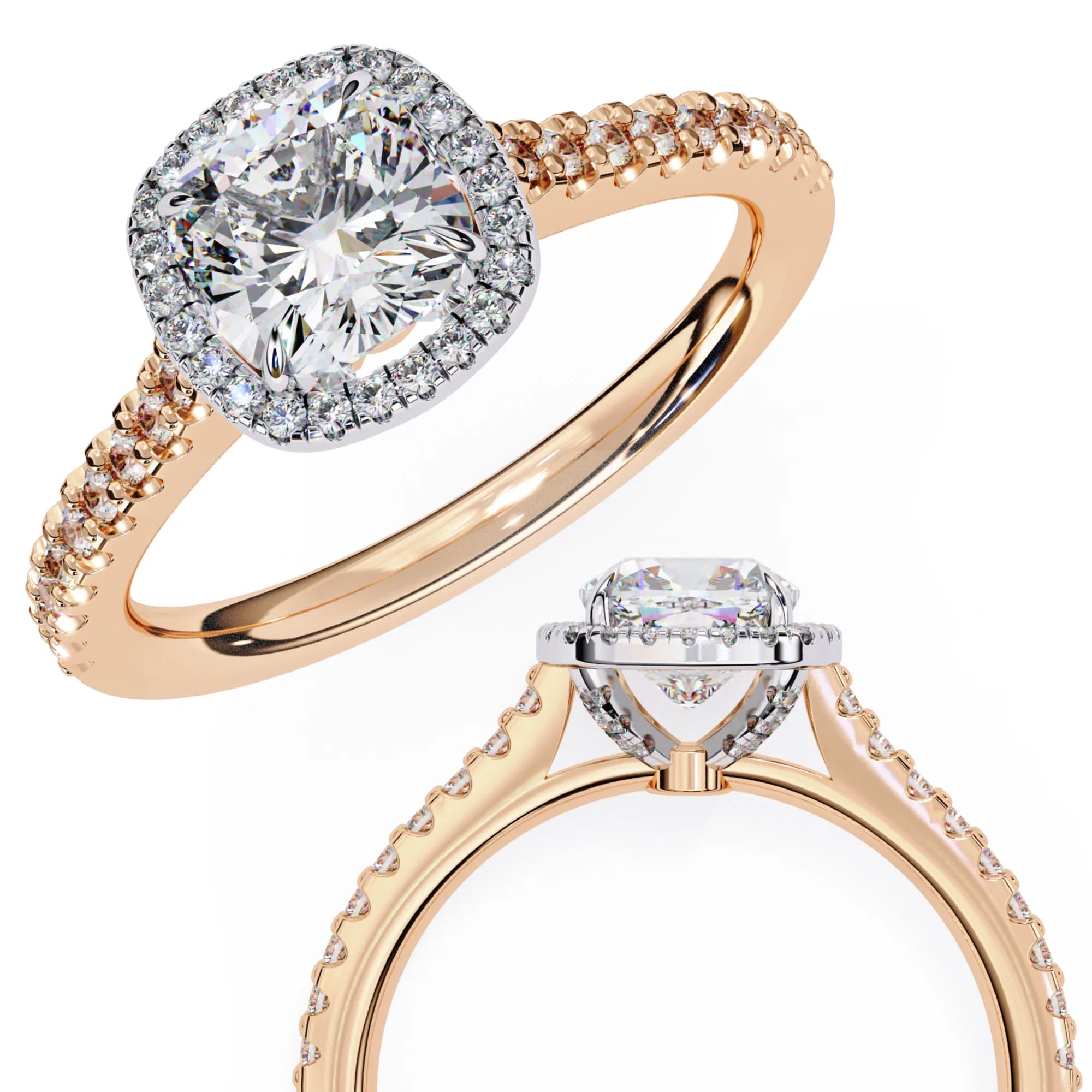 Cushion cut lab grown diamond halo pavé engagement ring in rose gold, two-view composition