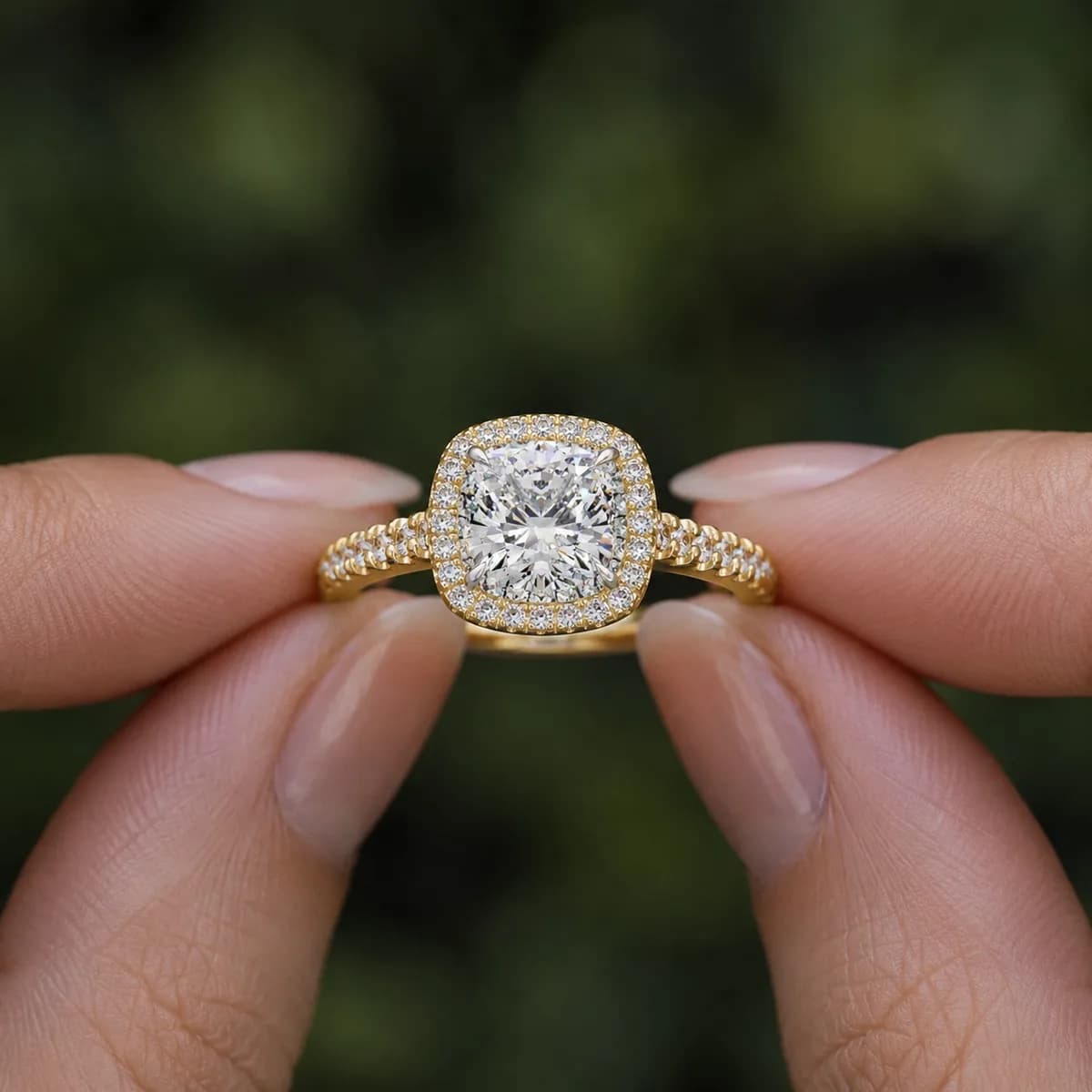 Cushion cut lab grown diamond halo pavé engagement ring in yellow gold held between fingertips