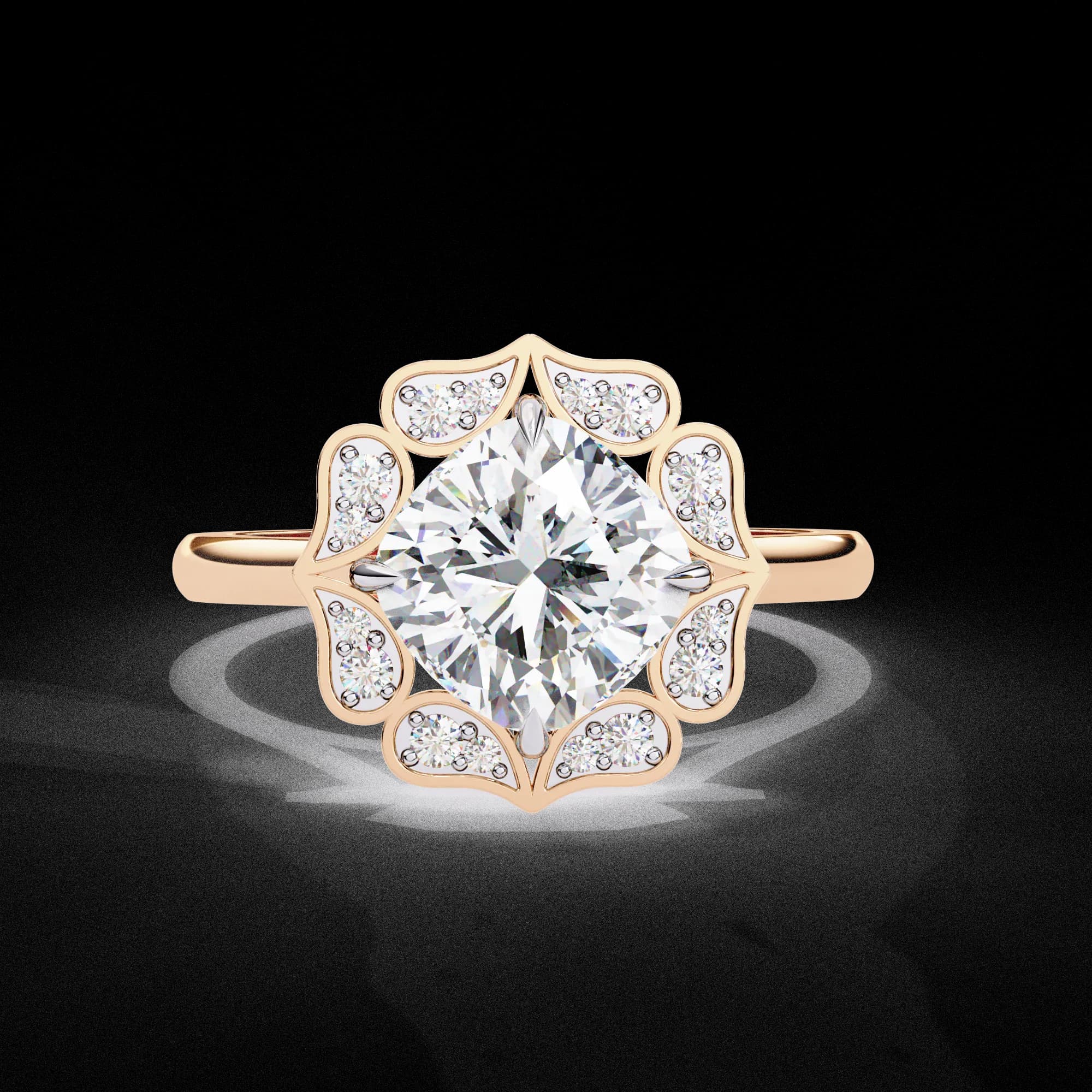 Cushion cut lab grown diamond floral halo engagement ring in rose gold, front view