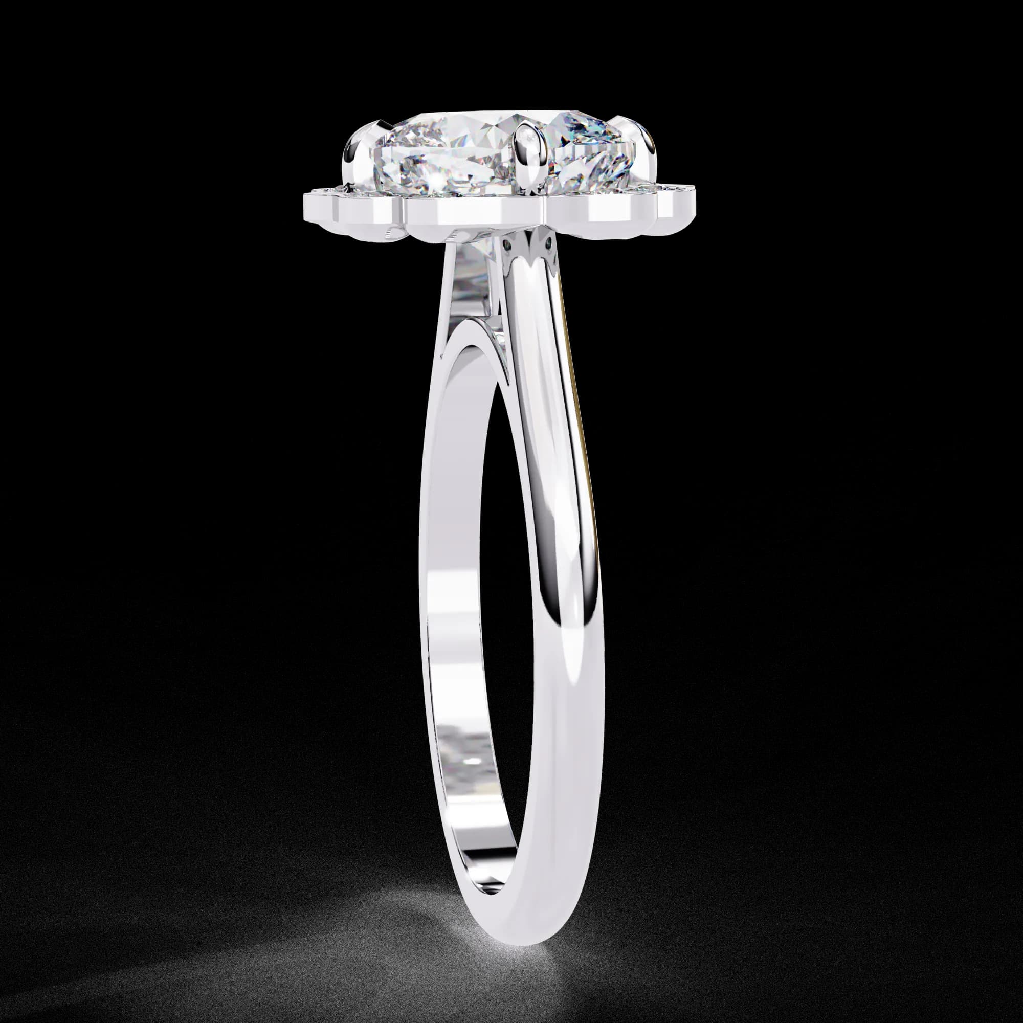 Cushion cut lab grown diamond floral halo engagement ring in white gold, profile view