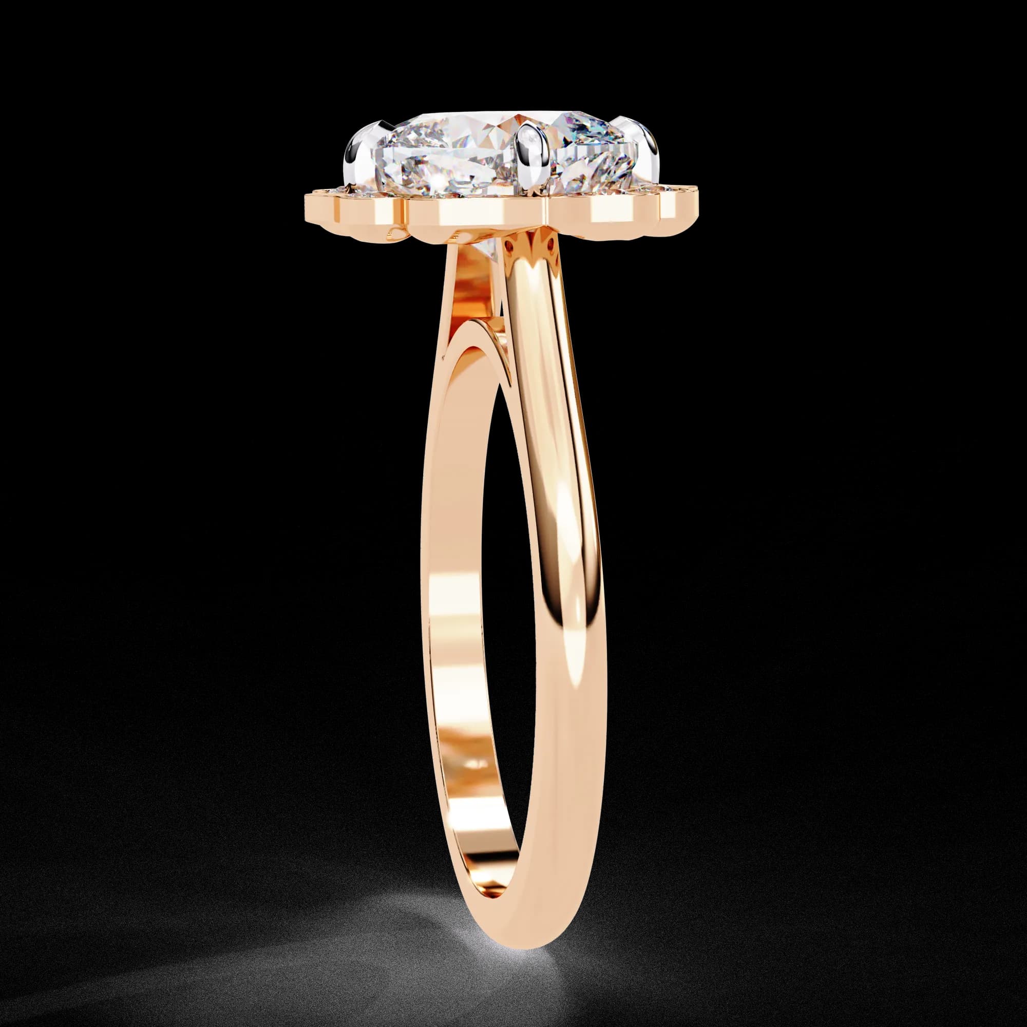 Cushion cut lab grown diamond floral halo engagement ring in rose gold, profile view