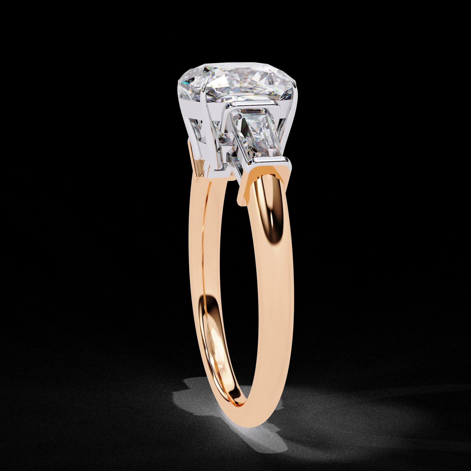 Cushion cut lab grown diamond three-stone engagement ring with baguettes in rose gold, side profile view
