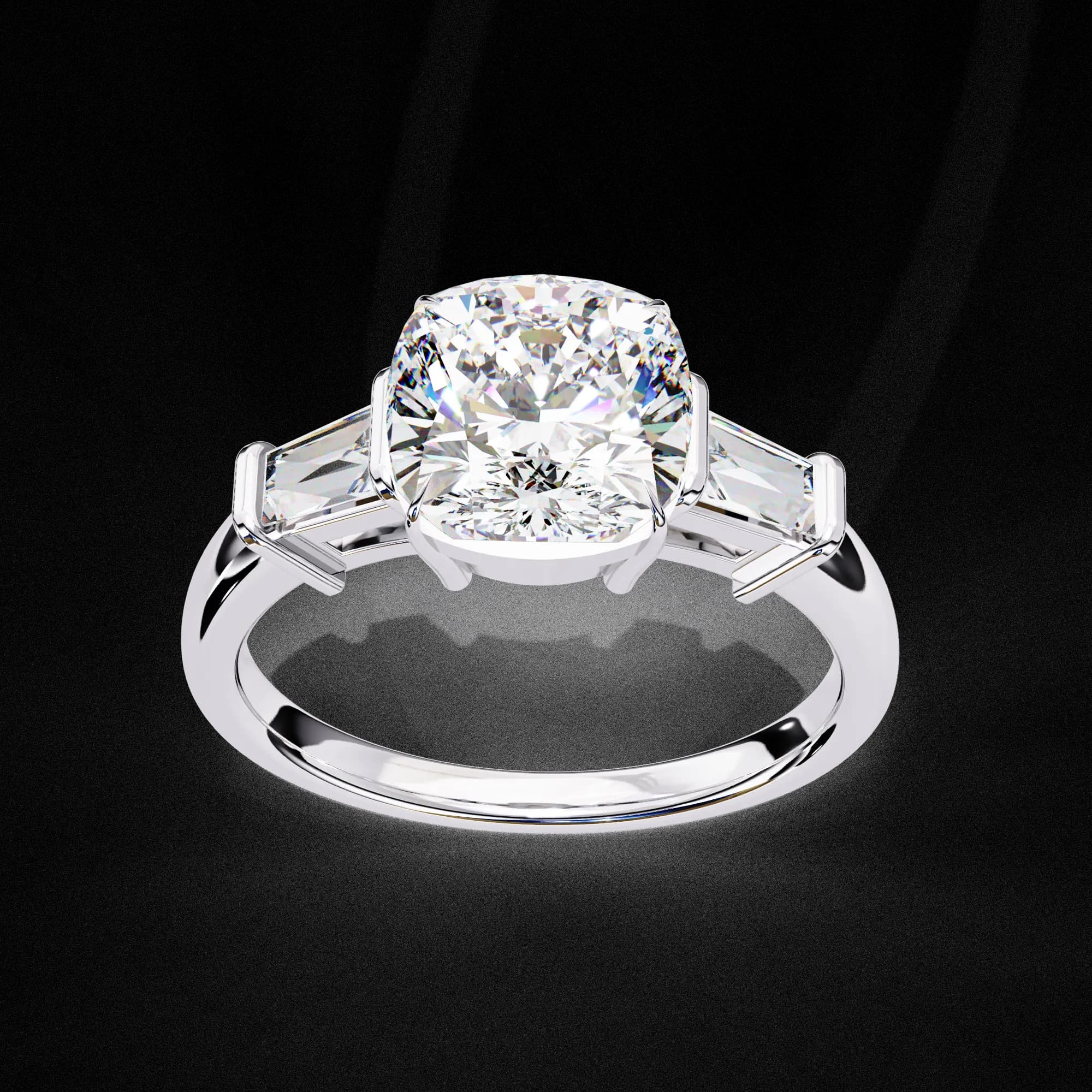 Cushion cut lab grown diamond three-stone engagement ring with baguettes in white gold, angled view