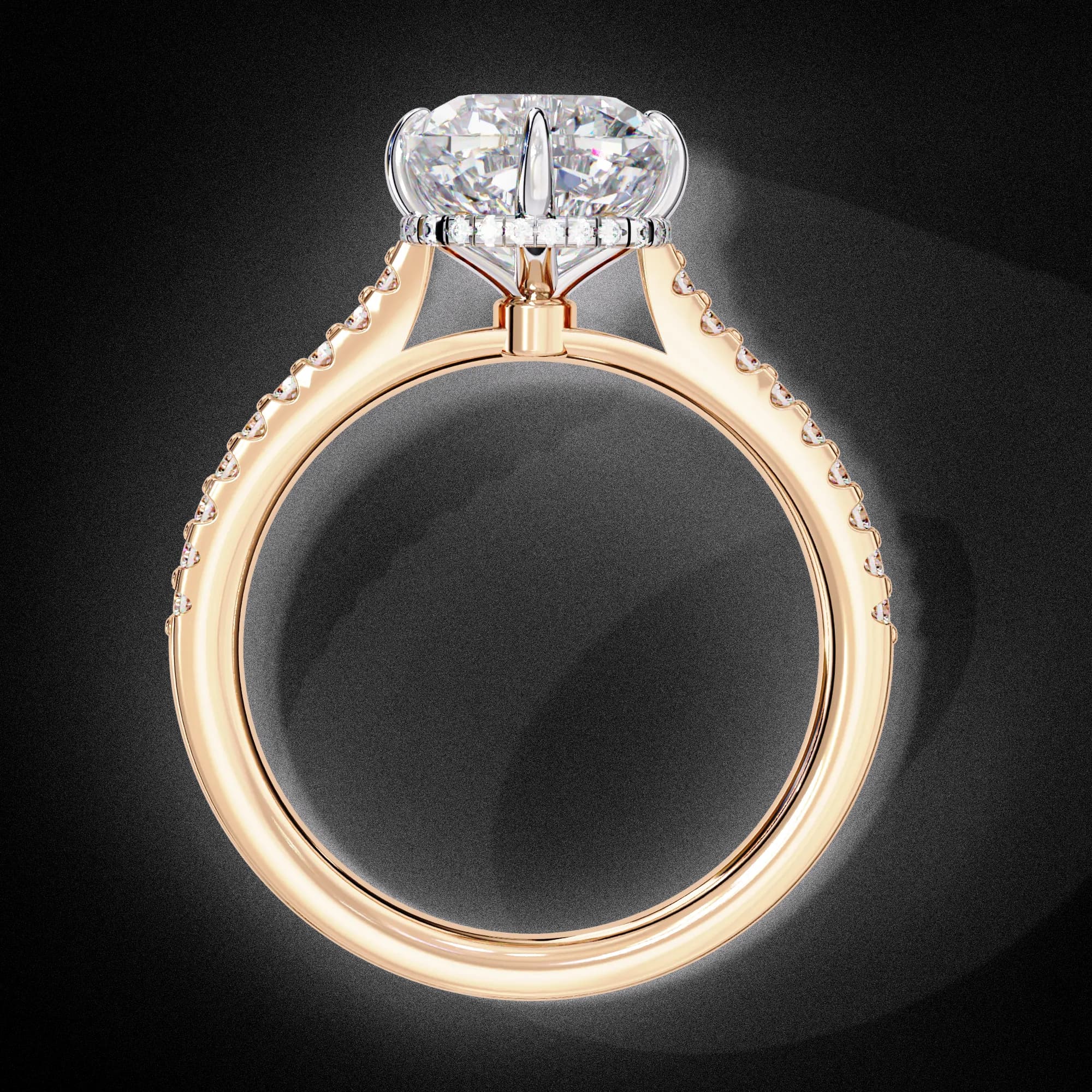 Cushion cut lab grown diamond compass claw hidden halo ring in rose gold, through-finger view