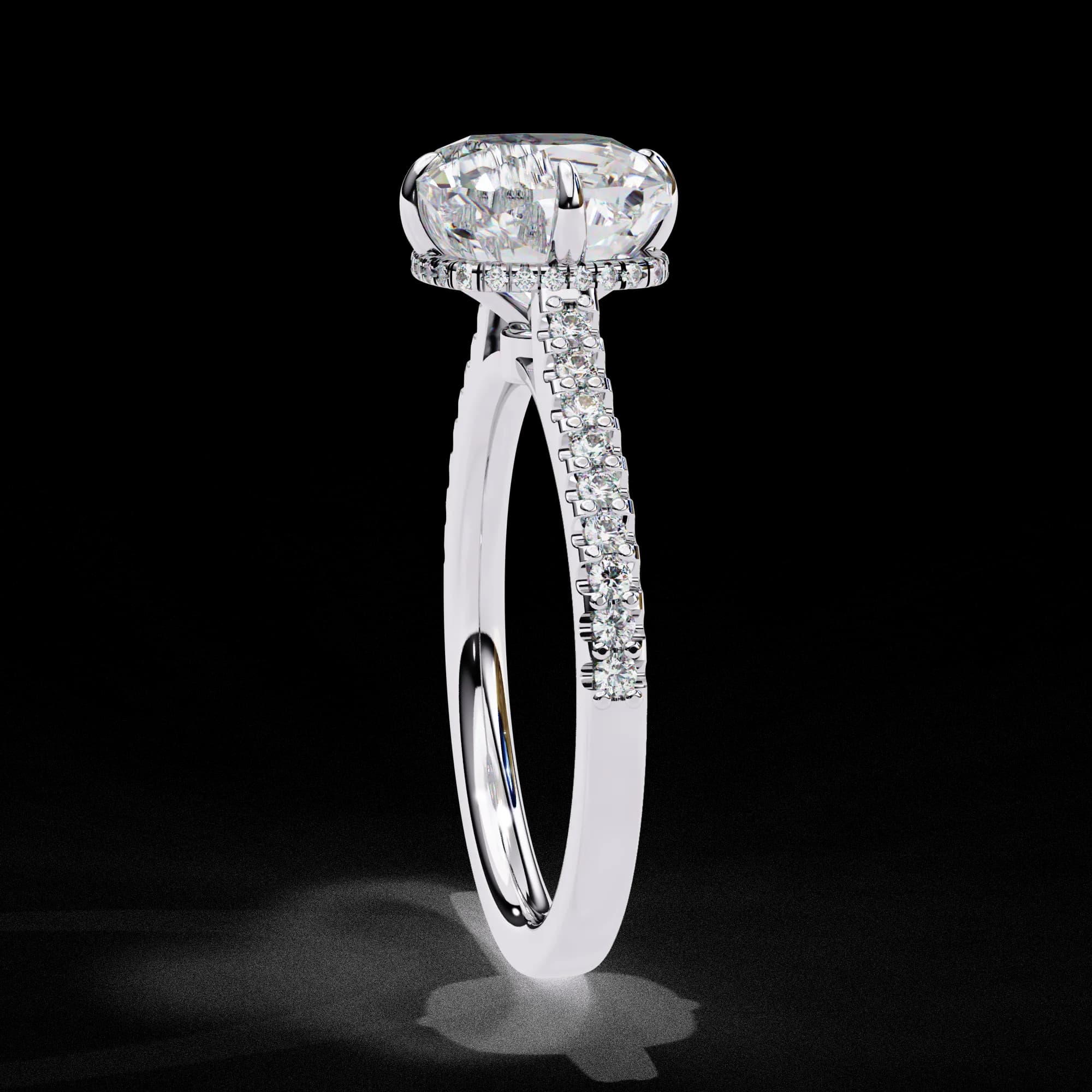 Cushion cut lab grown diamond compass claw hidden halo ring in white gold, side profile view
