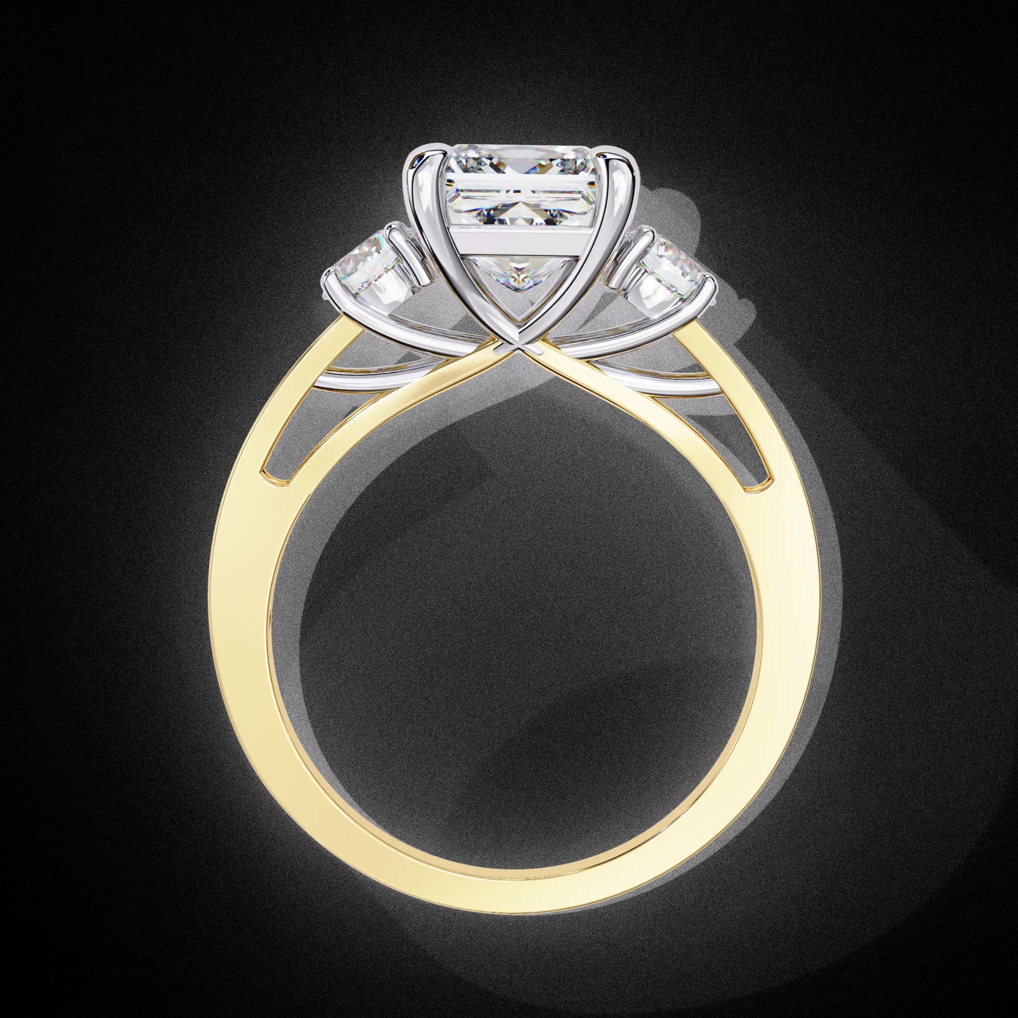 Princess cut lab grown diamond three-stone engagement ring in yellow gold, through-finger view