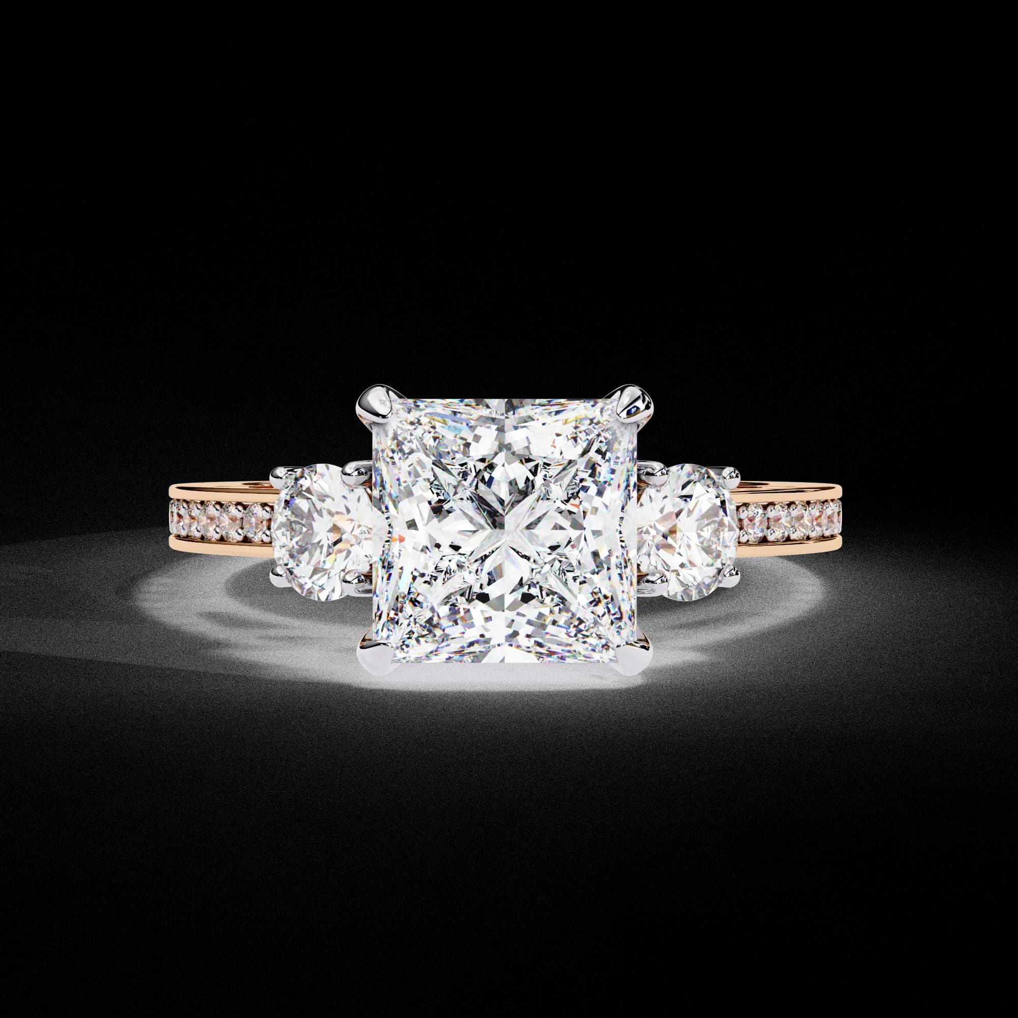 Princess cut lab grown diamond three-stone engagement ring in rose gold, front view