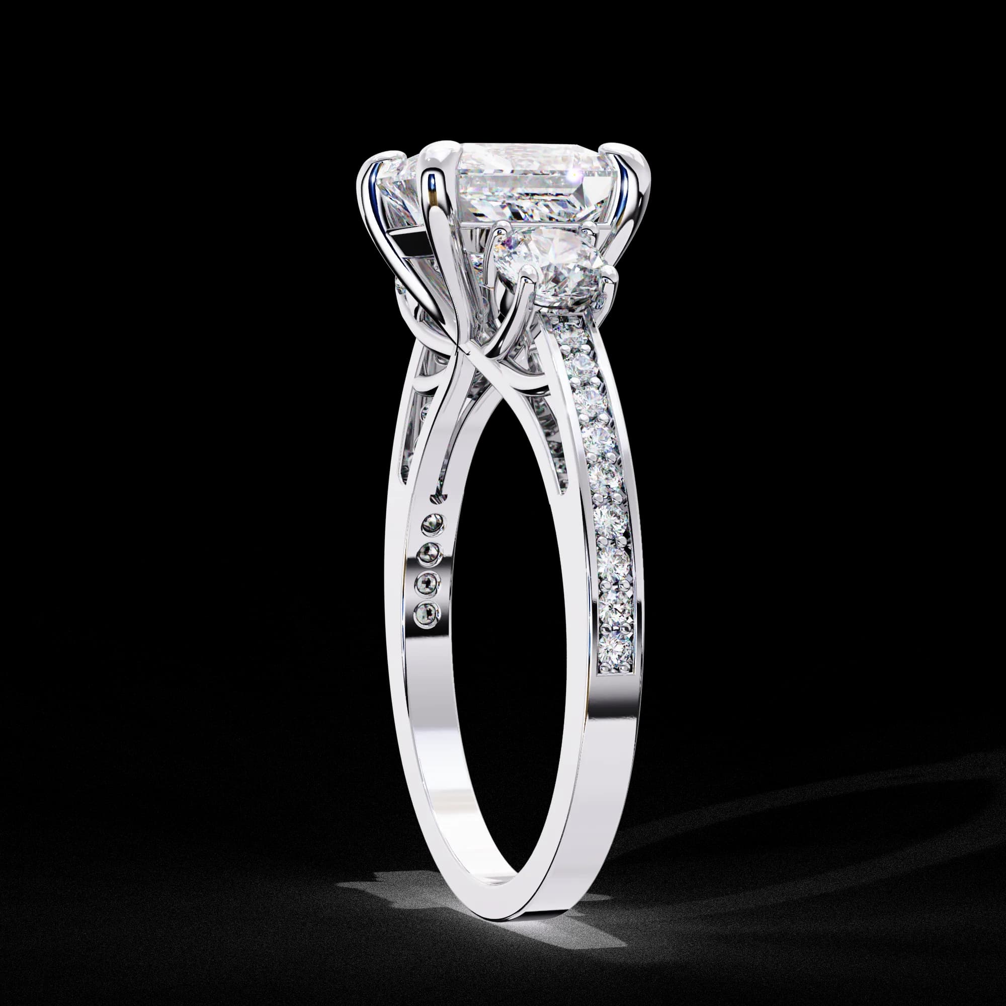 Princess cut lab grown diamond three-stone engagement ring in white gold, side profile view