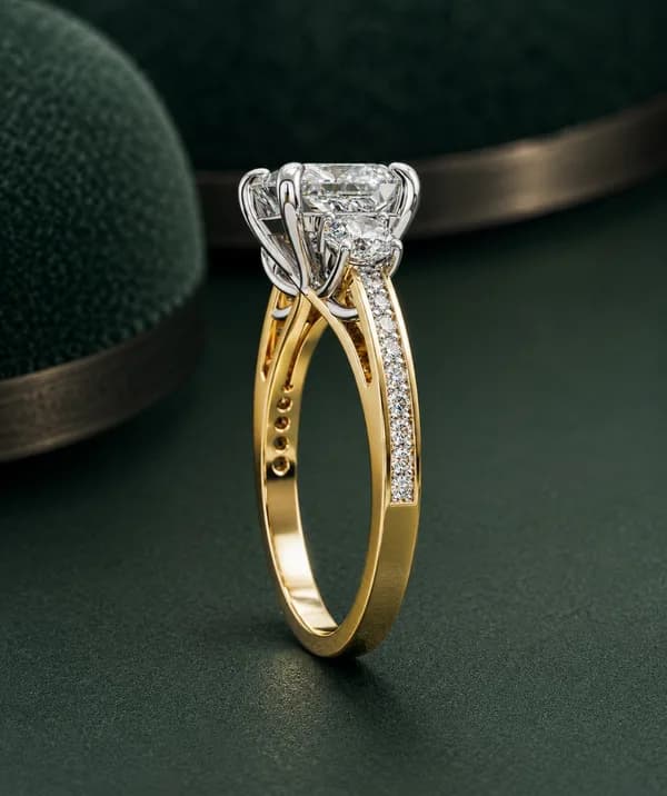 Princess cut lab grown diamond three-stone engagement ring in yellow gold standing upright on green velvet, side view