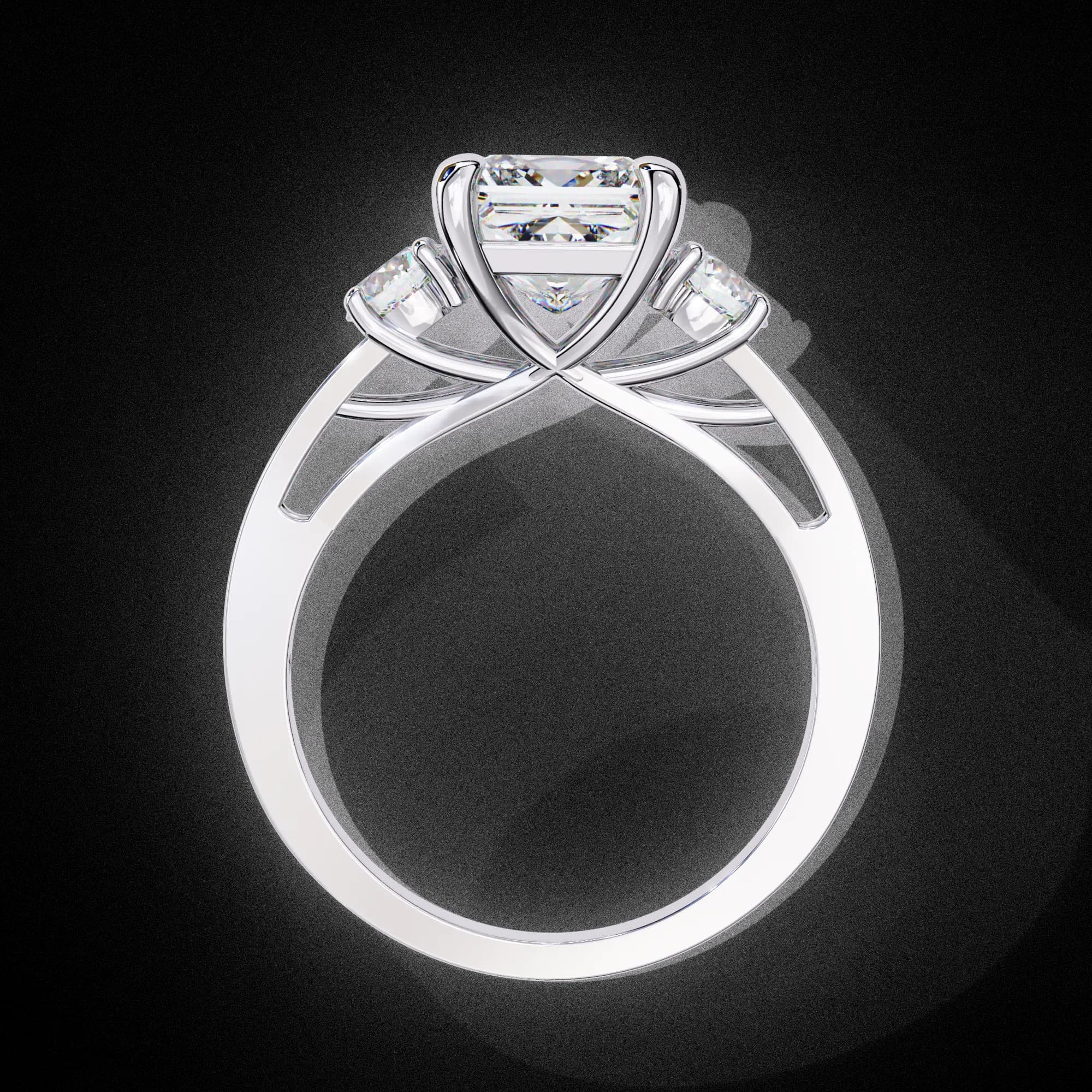 Princess cut lab grown diamond three-stone engagement ring in white gold, through-finger view