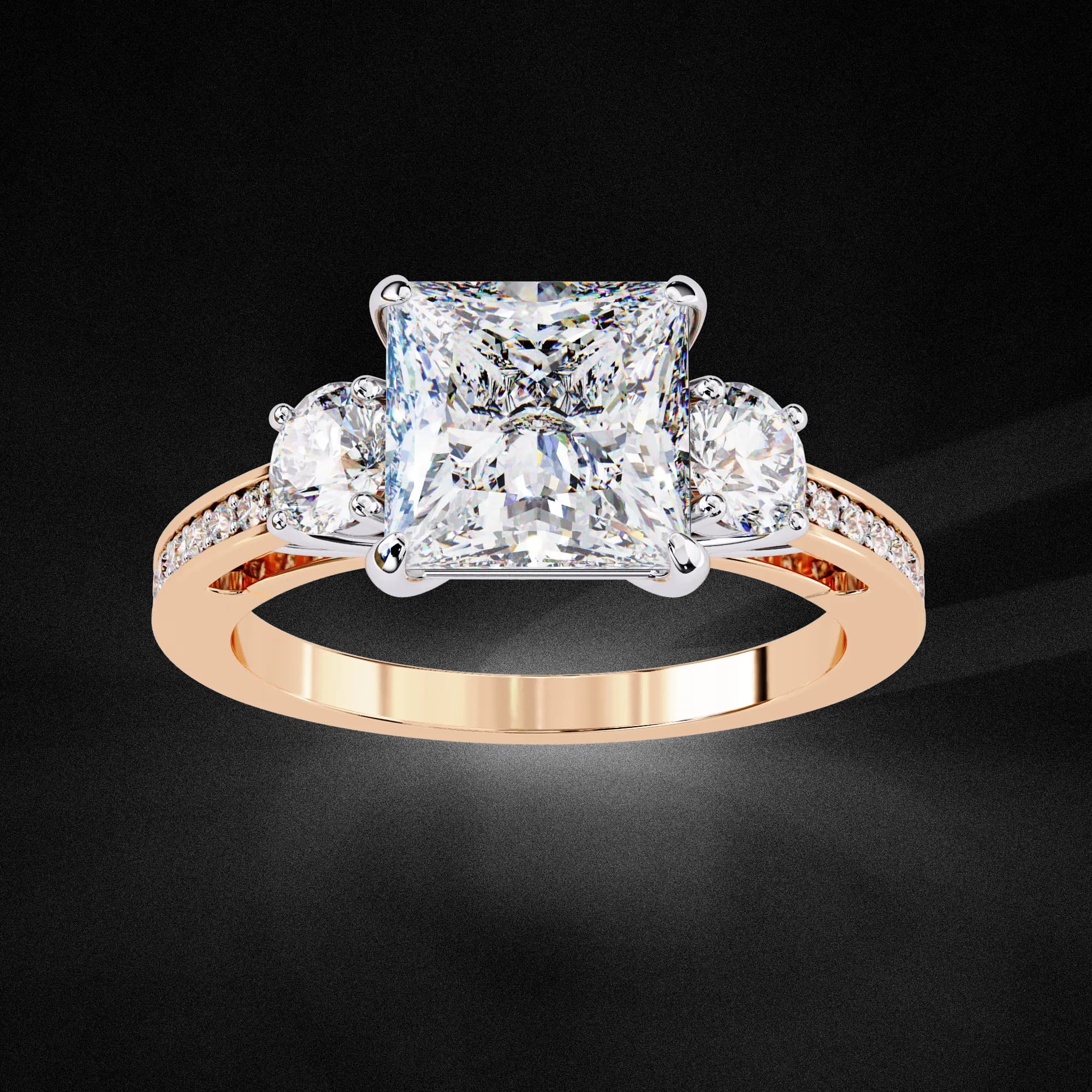 Princess cut lab grown diamond three-stone engagement ring in rose gold, angled view