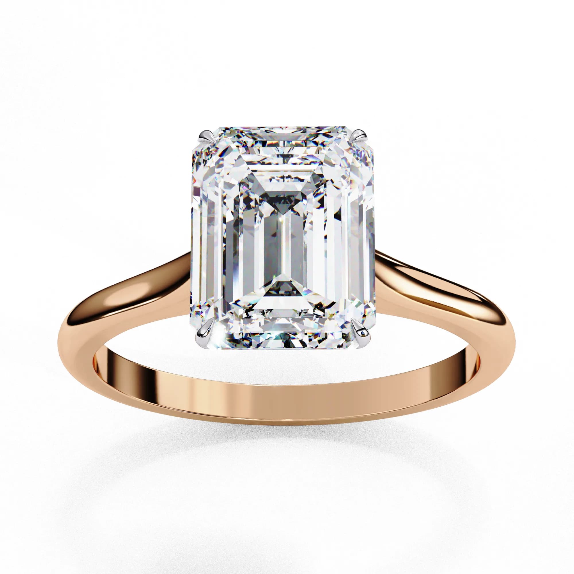 Emerald cut lab grown diamond solitaire engagement ring in rose gold, angled view
