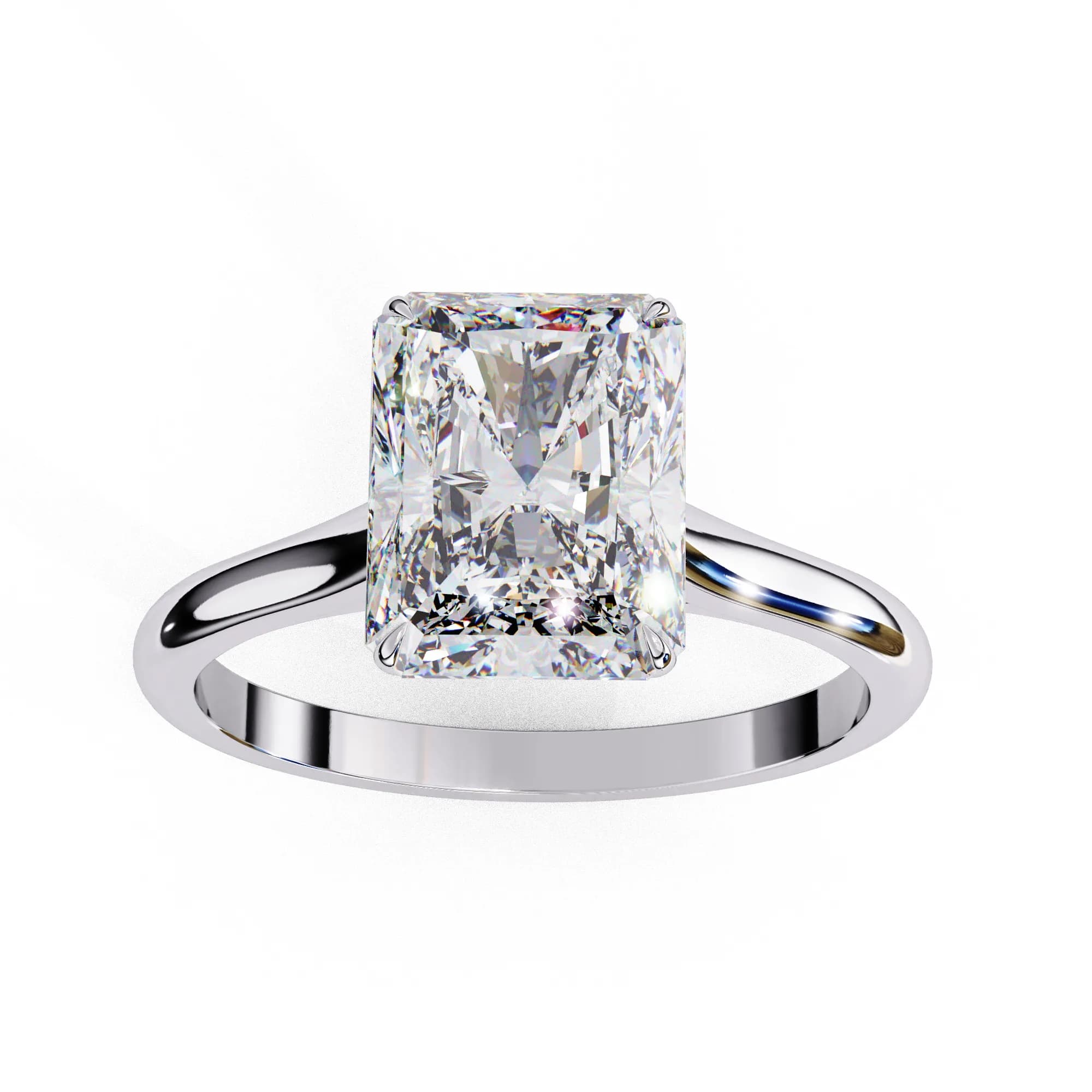 Radiant cut lab grown diamond cathedral solitaire engagement ring in white gold, angled view