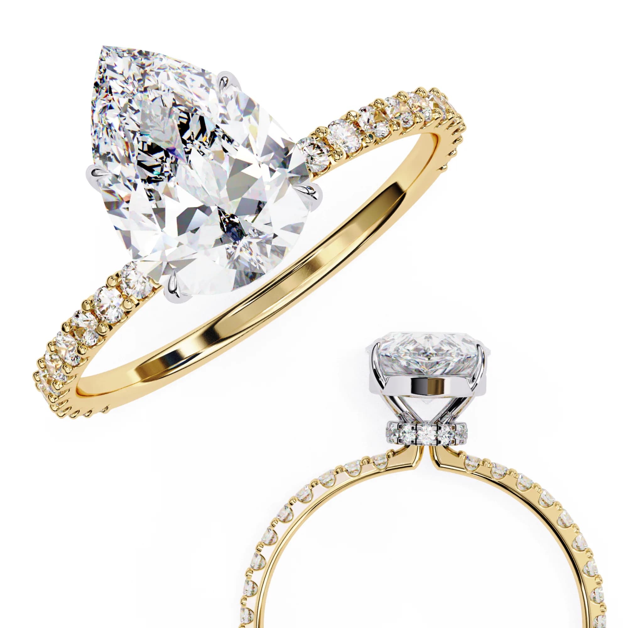 Pear cut lab grown diamond hidden halo pavé engagement ring in yellow gold, angled overhead and gallery view