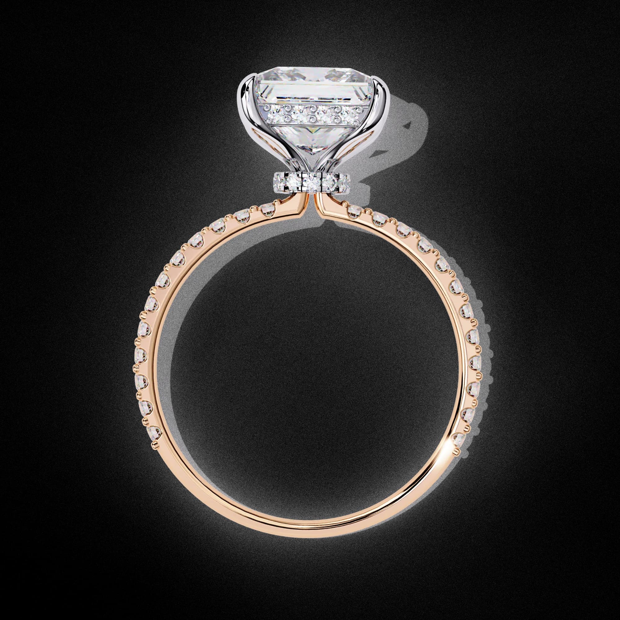 Princess cut lab grown diamond hidden halo engagement ring in rose gold, through-finger view