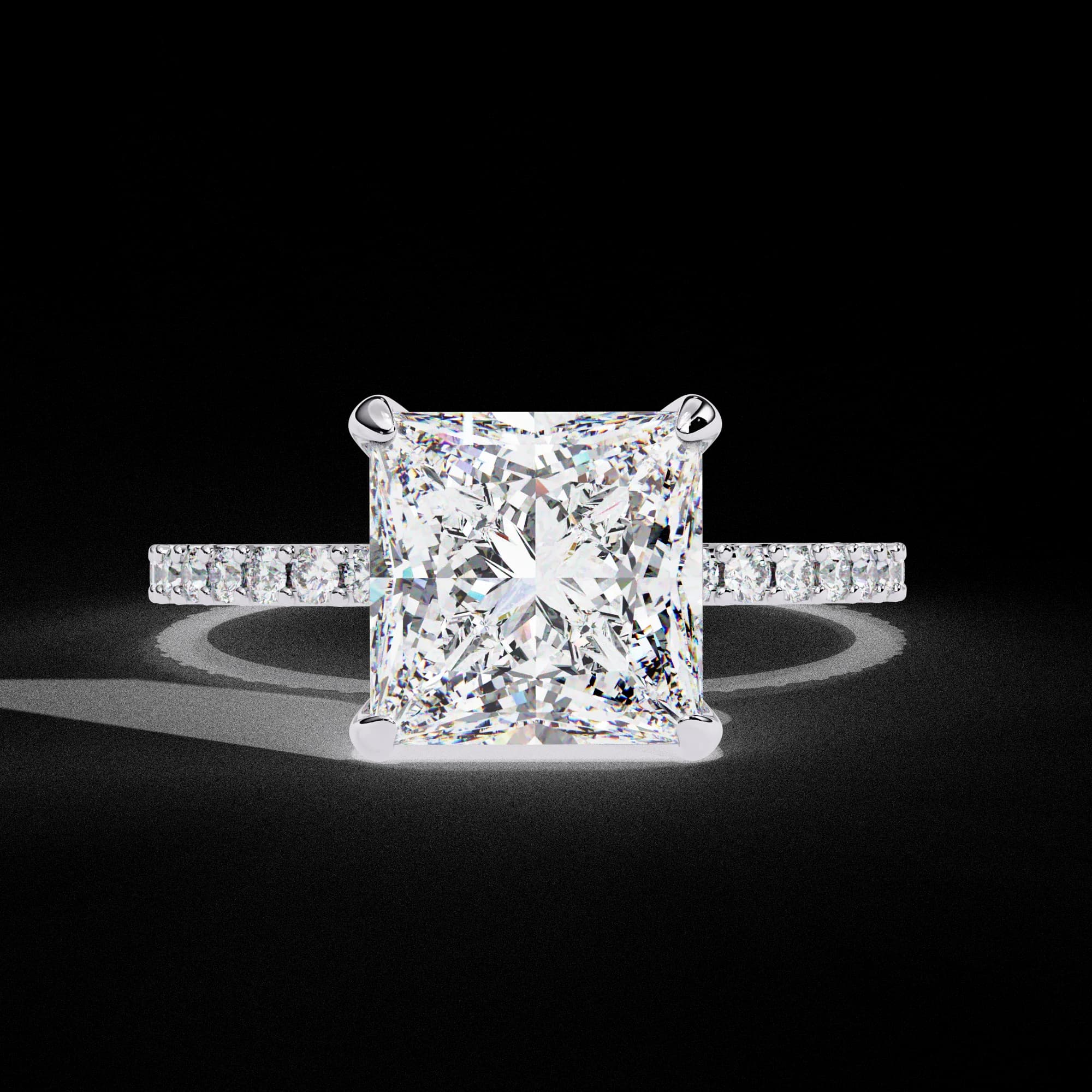 Princess cut lab grown diamond hidden halo engagement ring in white gold, front view