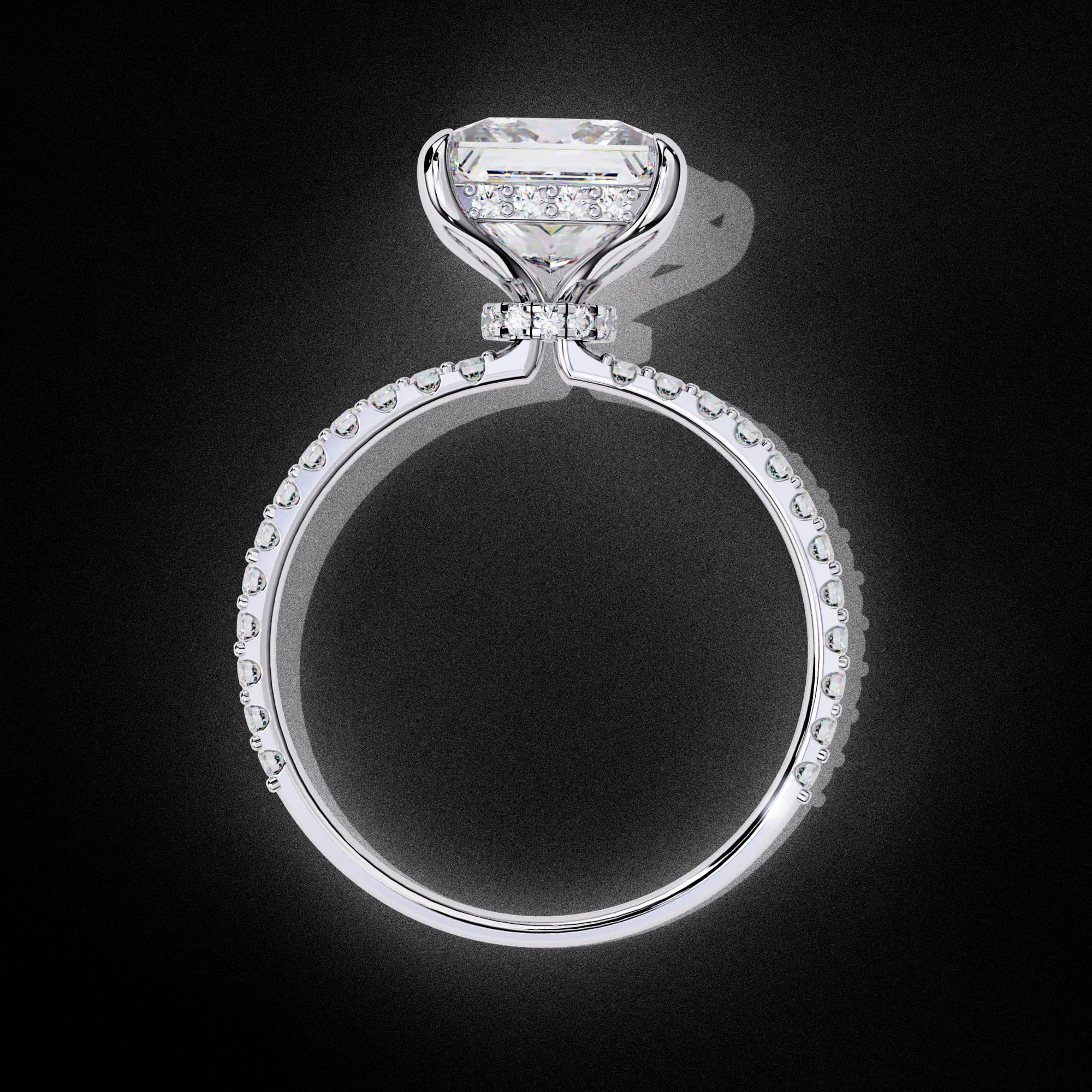 Princess cut lab grown diamond hidden halo engagement ring in white gold, through-finger view