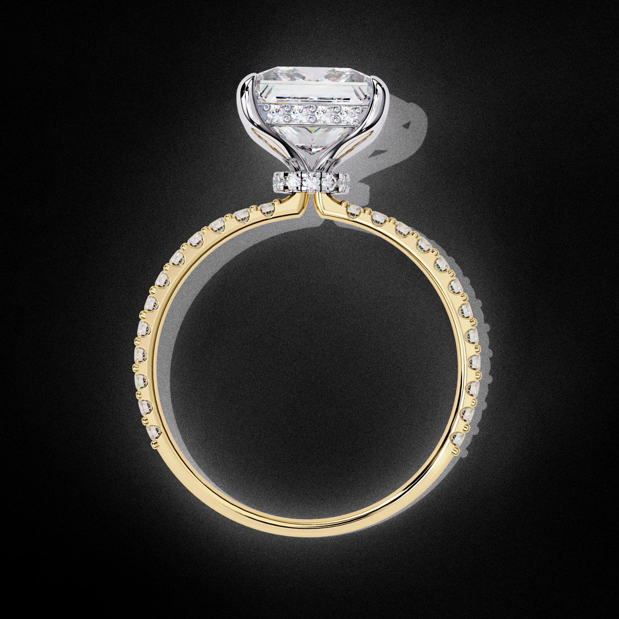 Princess cut lab grown diamond hidden halo engagement ring in yellow gold, through-finger view