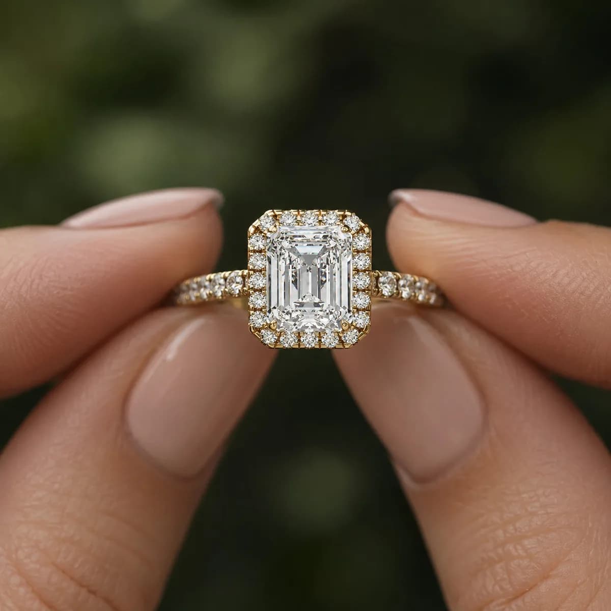 Emerald cut lab grown diamond halo pavé engagement ring in yellow gold held between fingertips