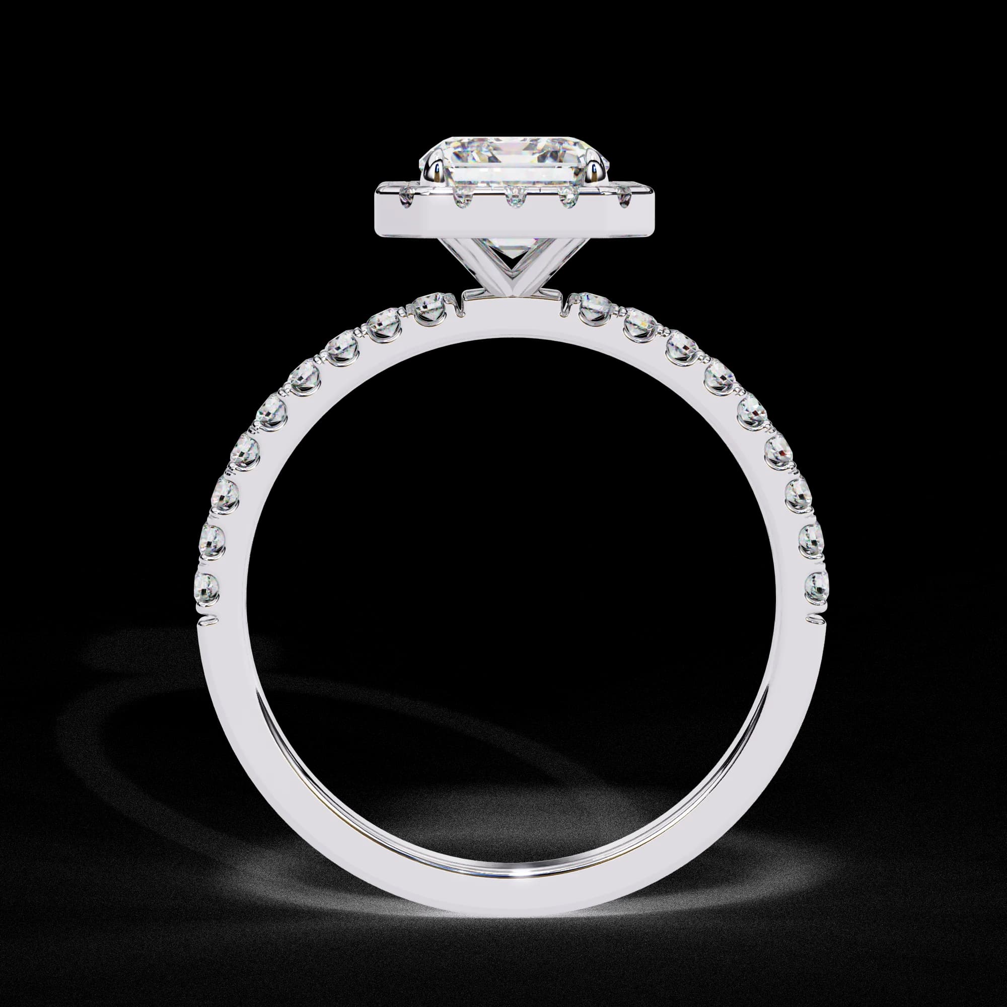 Emerald cut lab grown diamond halo pavé engagement ring in white gold, through-finger view