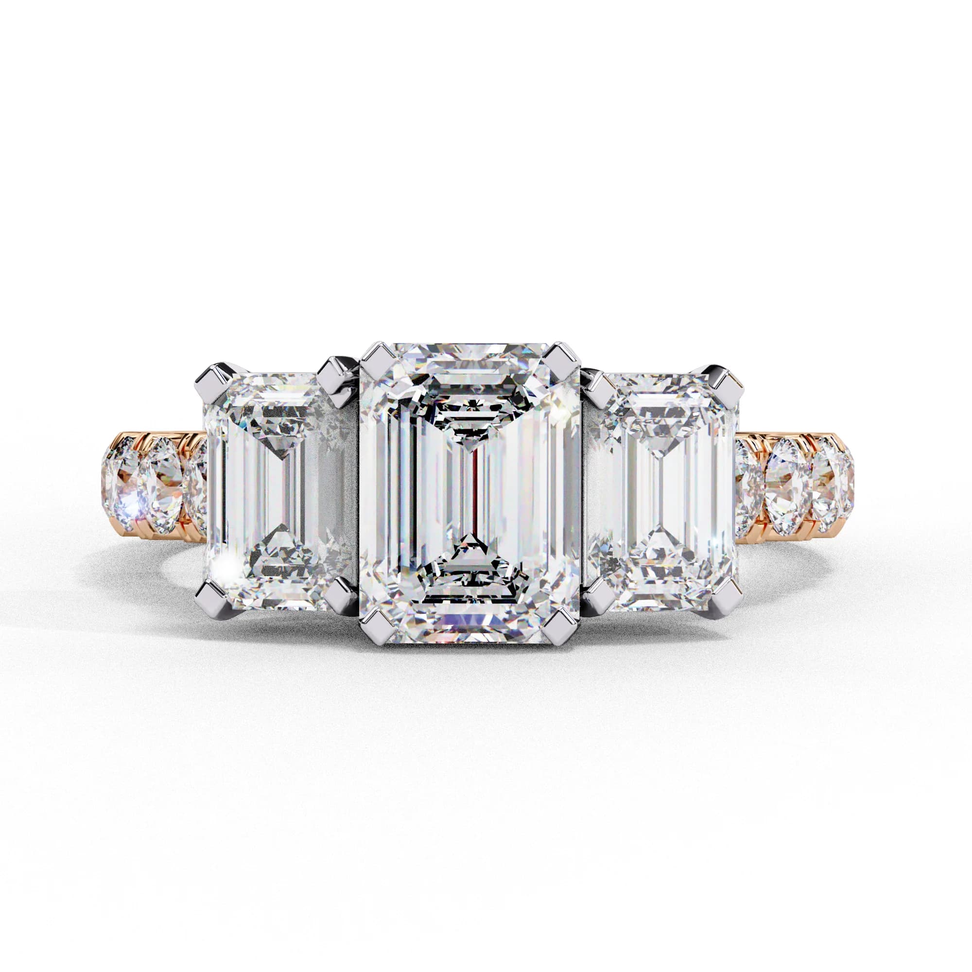 Emerald cut lab grown diamond three-stone engagement ring in rose gold, front view