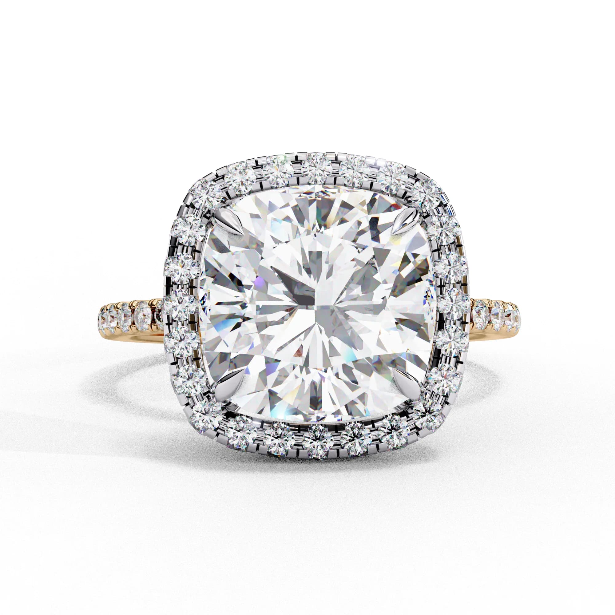 Cushion cut lab grown diamond halo pavé engagement ring in yellow gold, front view