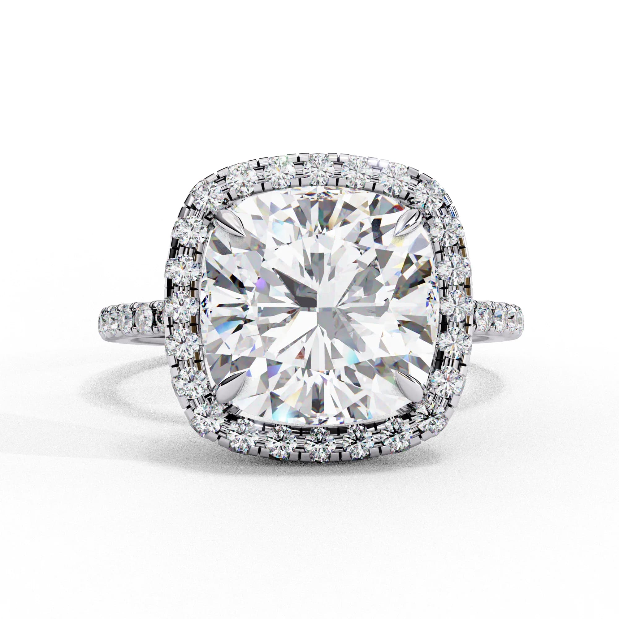 Cushion cut lab grown diamond halo pavé engagement ring in white gold, front view