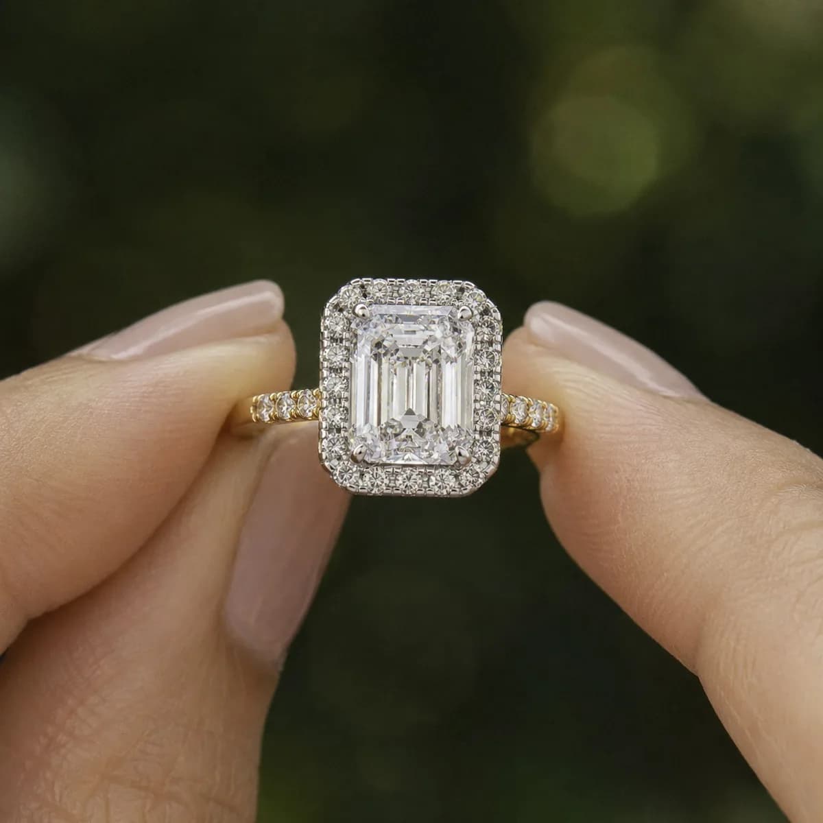 Emerald cut lab grown diamond halo engagement ring in yellow gold held between fingertips
