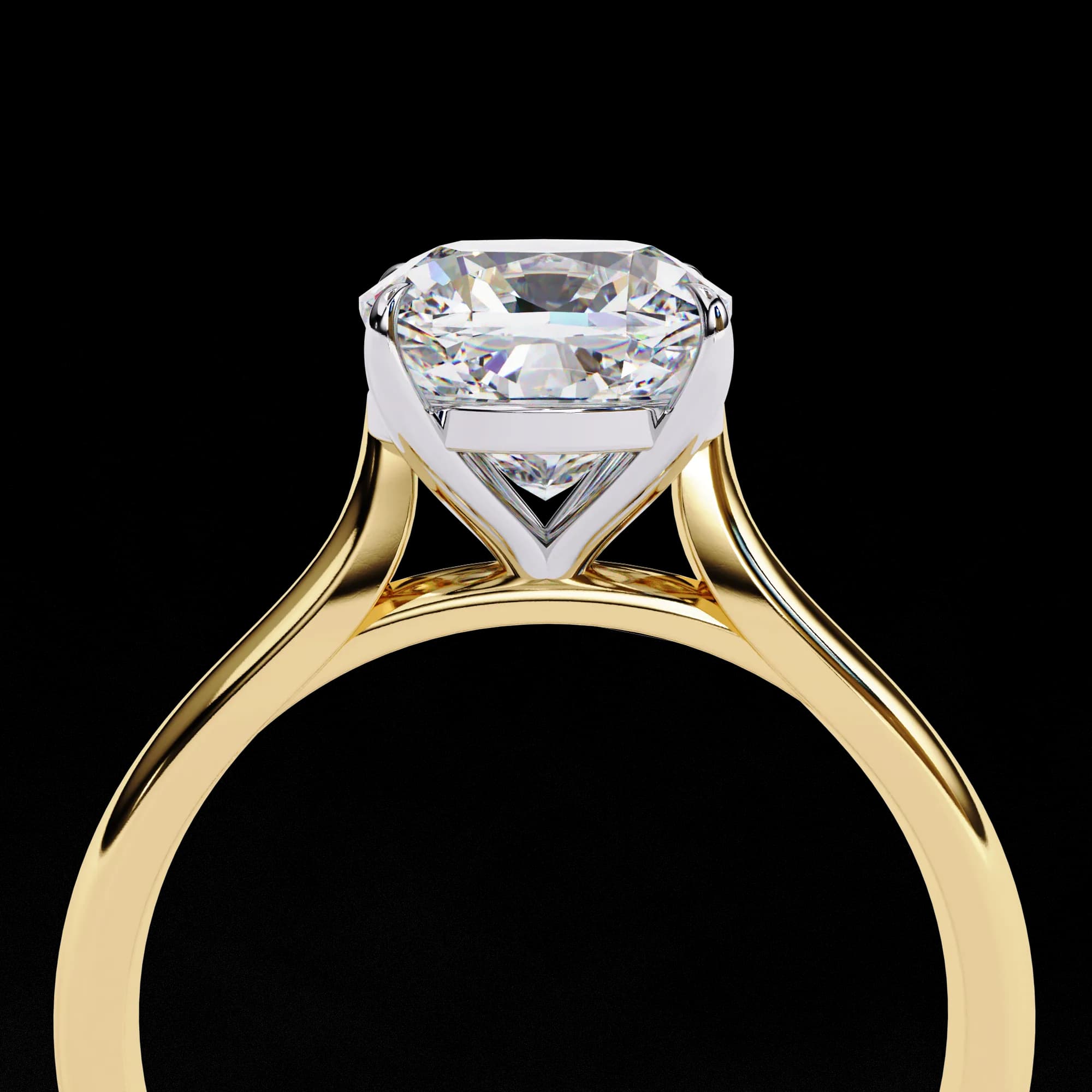 Cushion cut lab grown diamond cathedral solitaire engagement ring in yellow gold, through-finger view