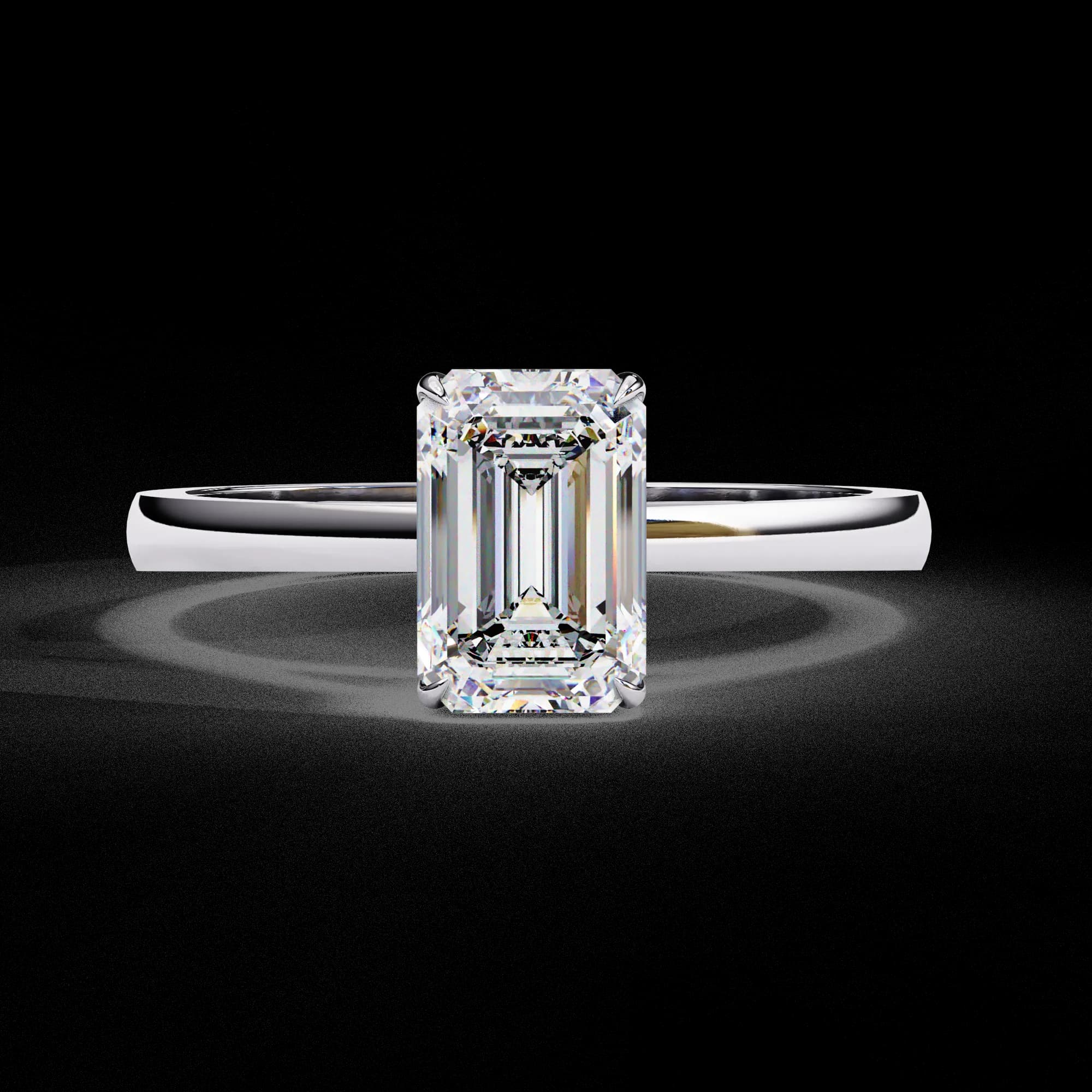 Emerald cut lab grown diamond cathedral solitaire engagement ring in white gold, front view