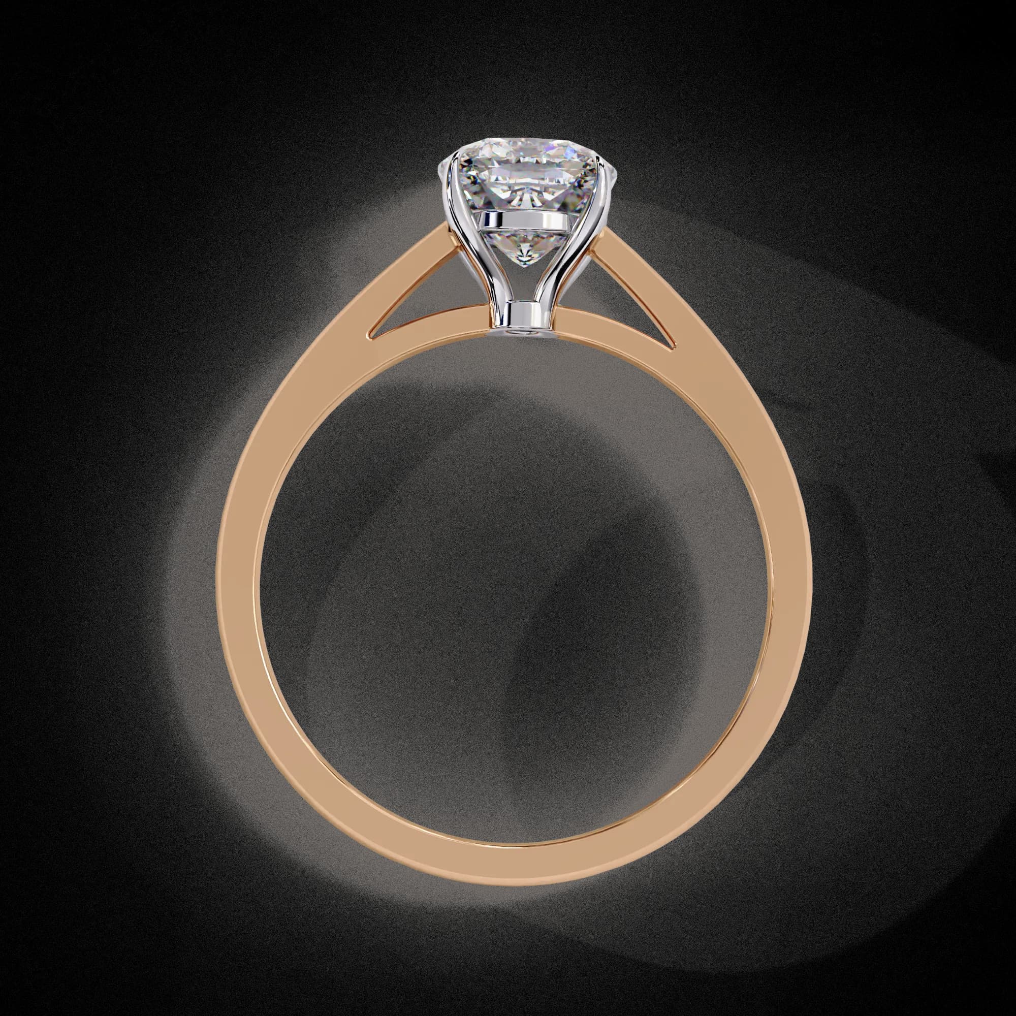 Cushion cut lab grown diamond cathedral solitaire engagement ring in rose gold, through-finger view
