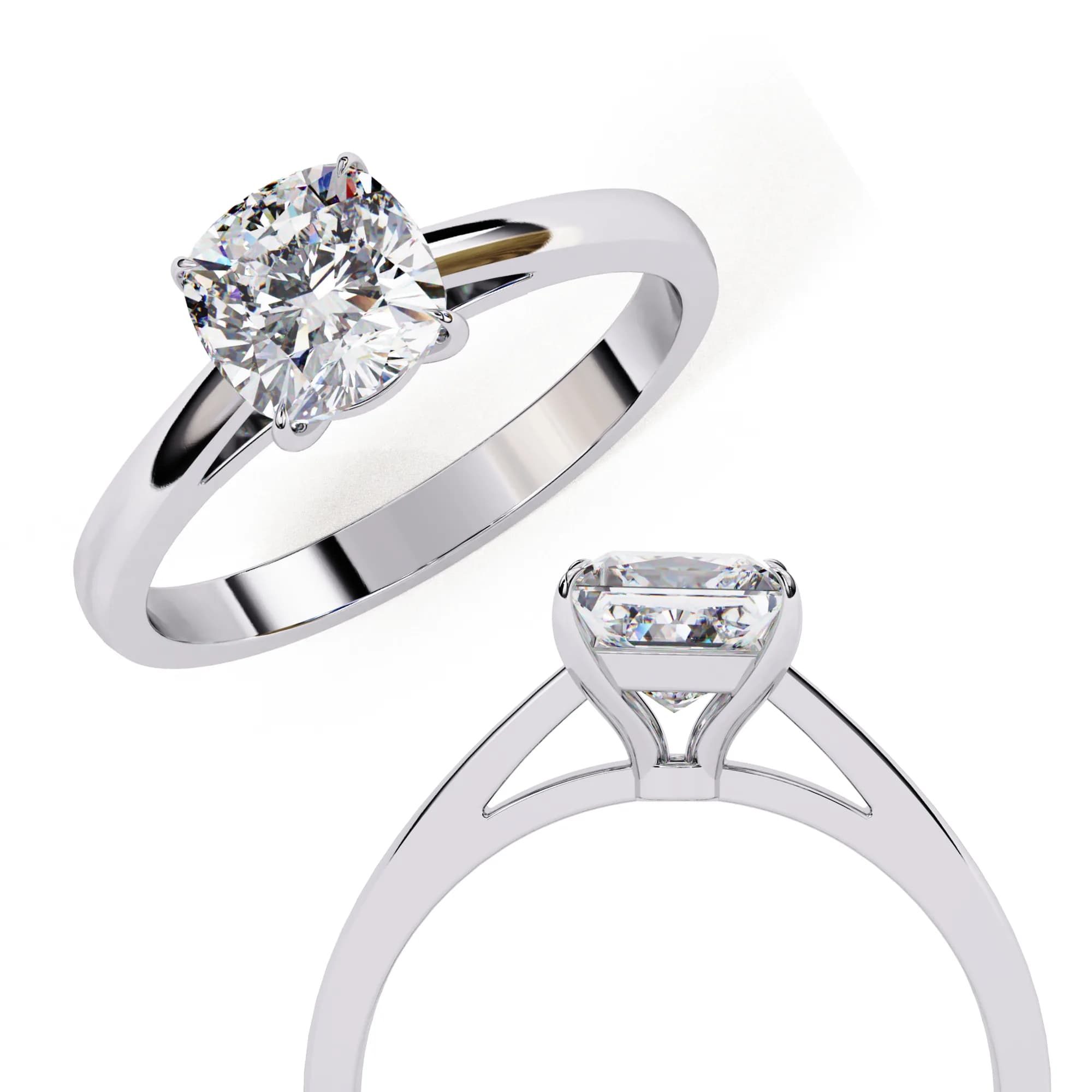 Cushion cut cathedral solitaire in white gold, angled and through-finger views together