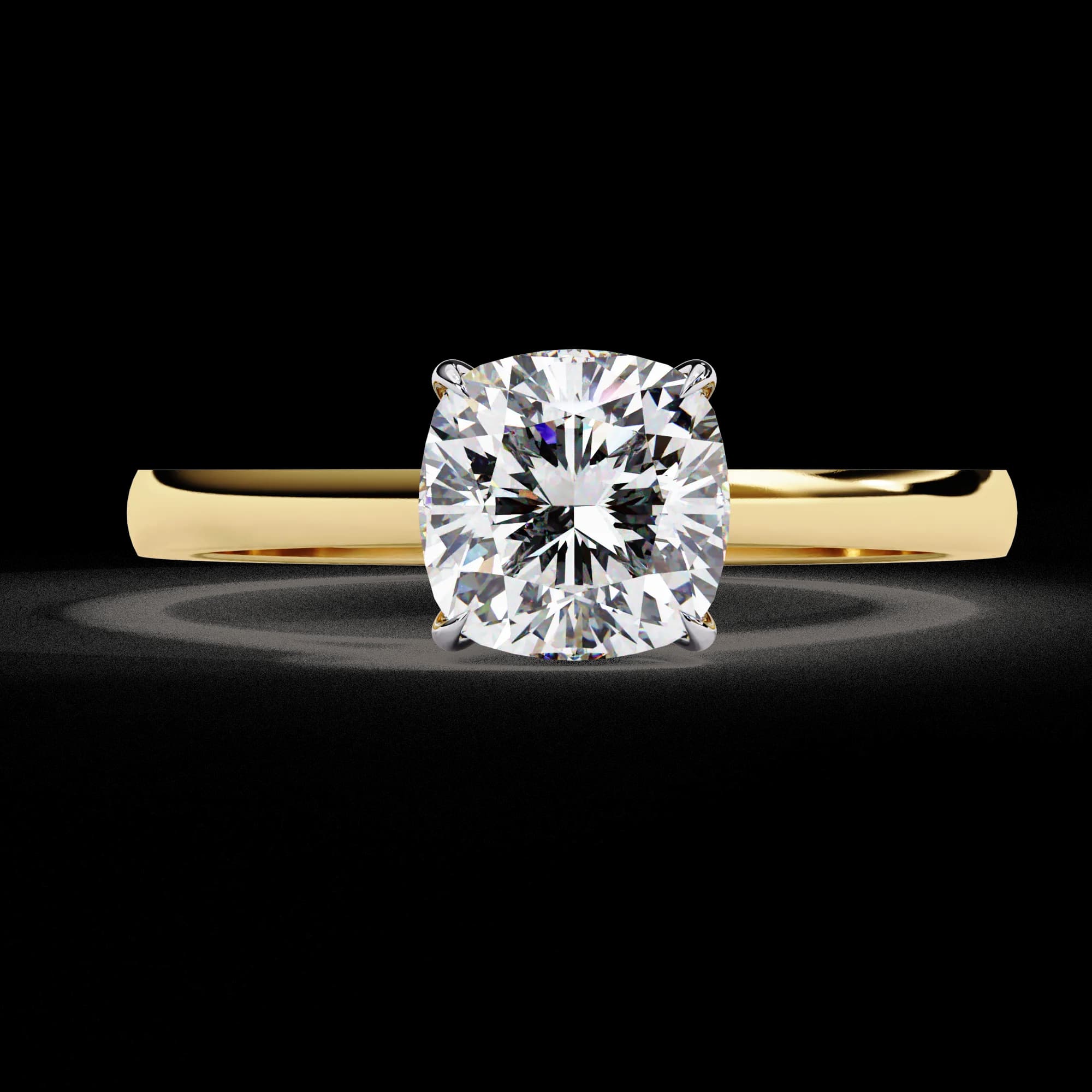 Cushion cut lab grown diamond cathedral solitaire engagement ring in yellow gold, front view