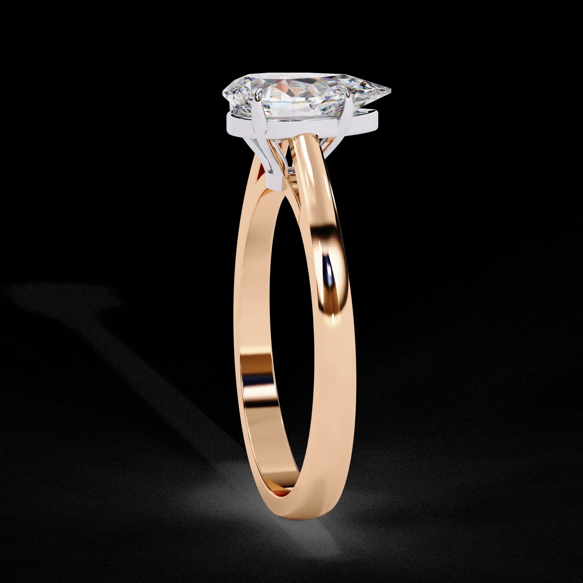 Pear cut lab grown diamond cathedral solitaire engagement ring in rose gold, side profile view