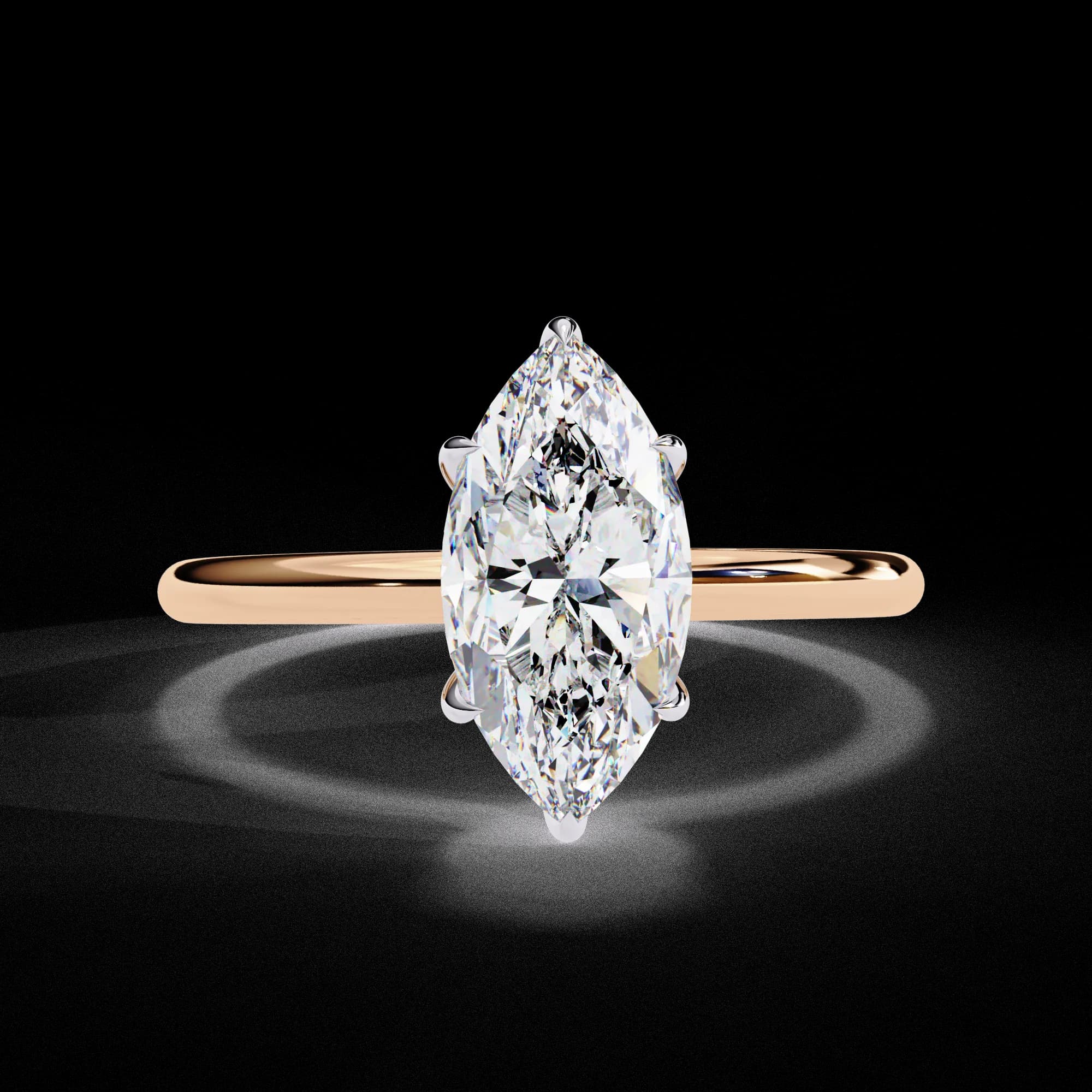 Marquise lab grown diamond hidden halo solitaire engagement ring in rose gold, front view
