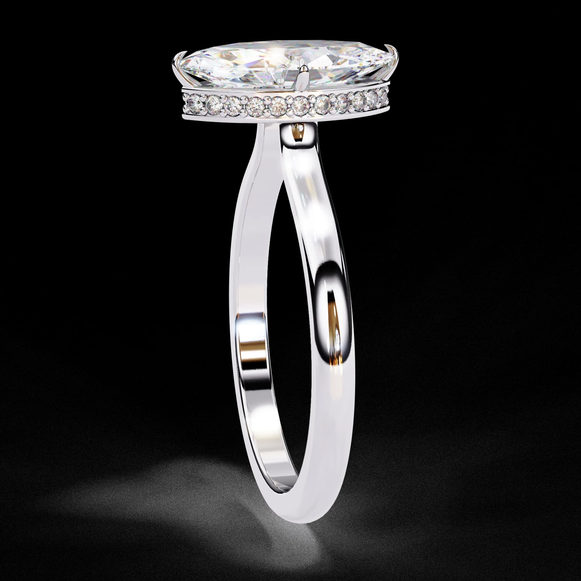 Marquise cut lab grown diamond hidden halo solitaire engagement ring in white gold, side profile view