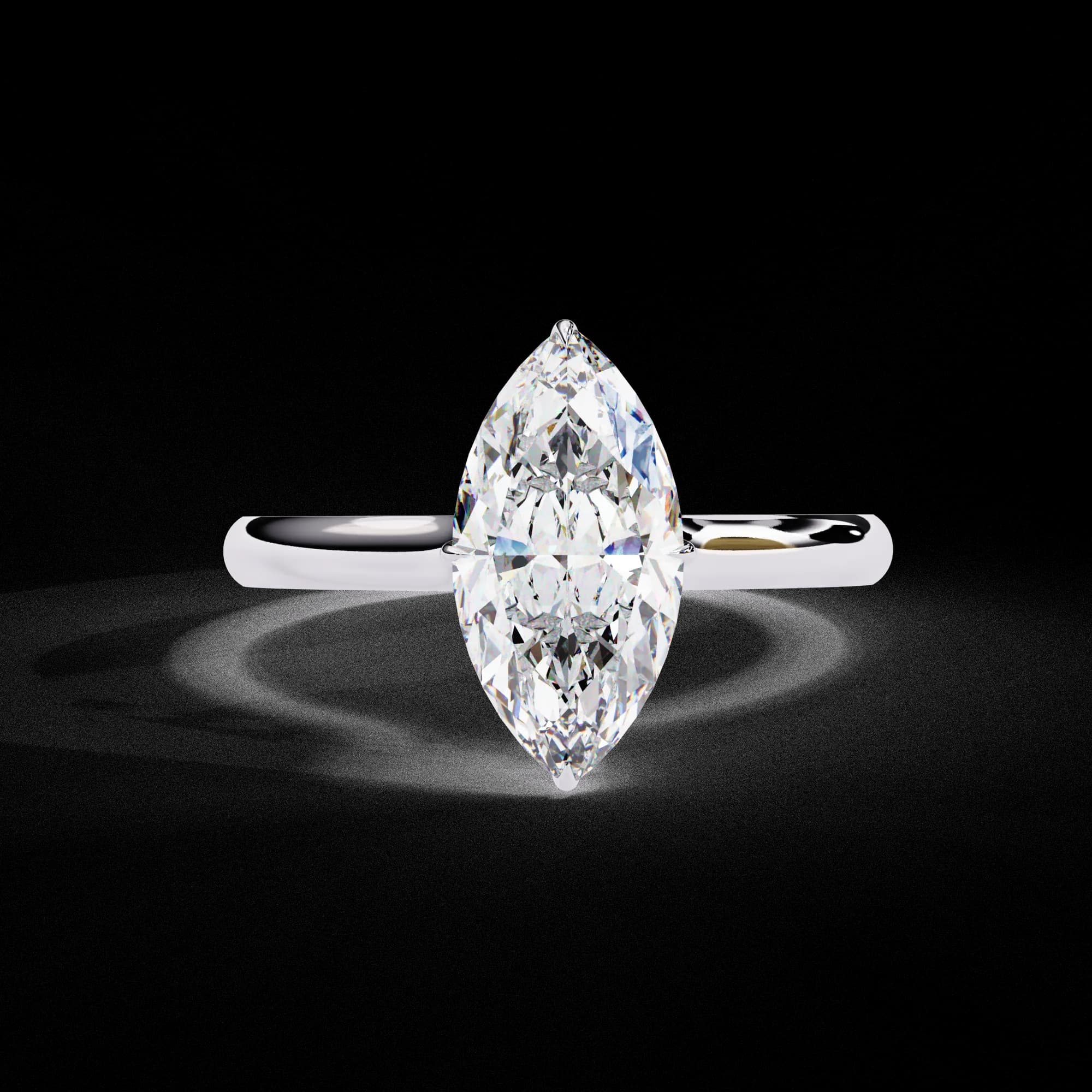 Marquise cut lab grown diamond hidden halo solitaire engagement ring in white gold, front view