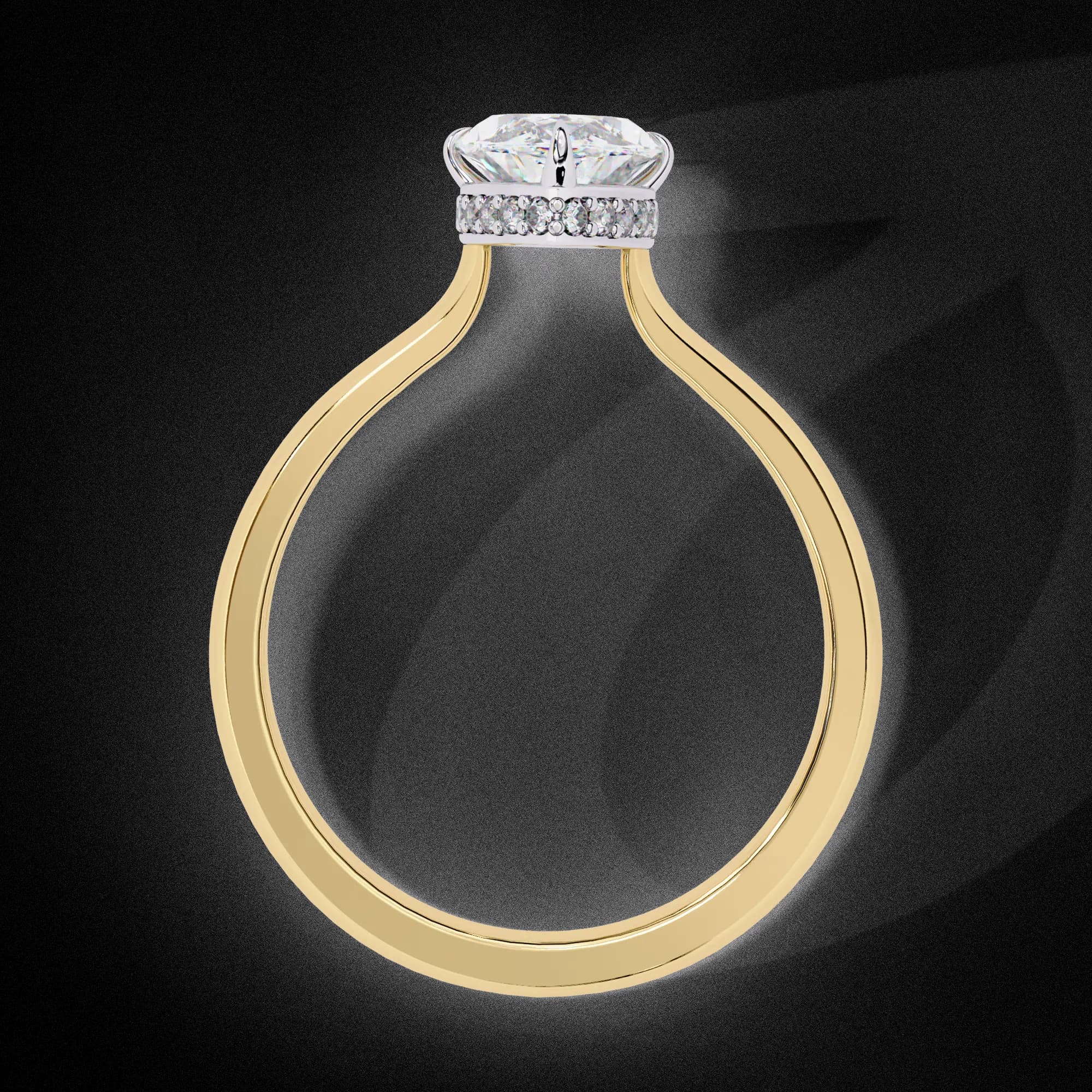 Marquise cut lab grown diamond hidden halo solitaire engagement ring in yellow gold, through-finger view
